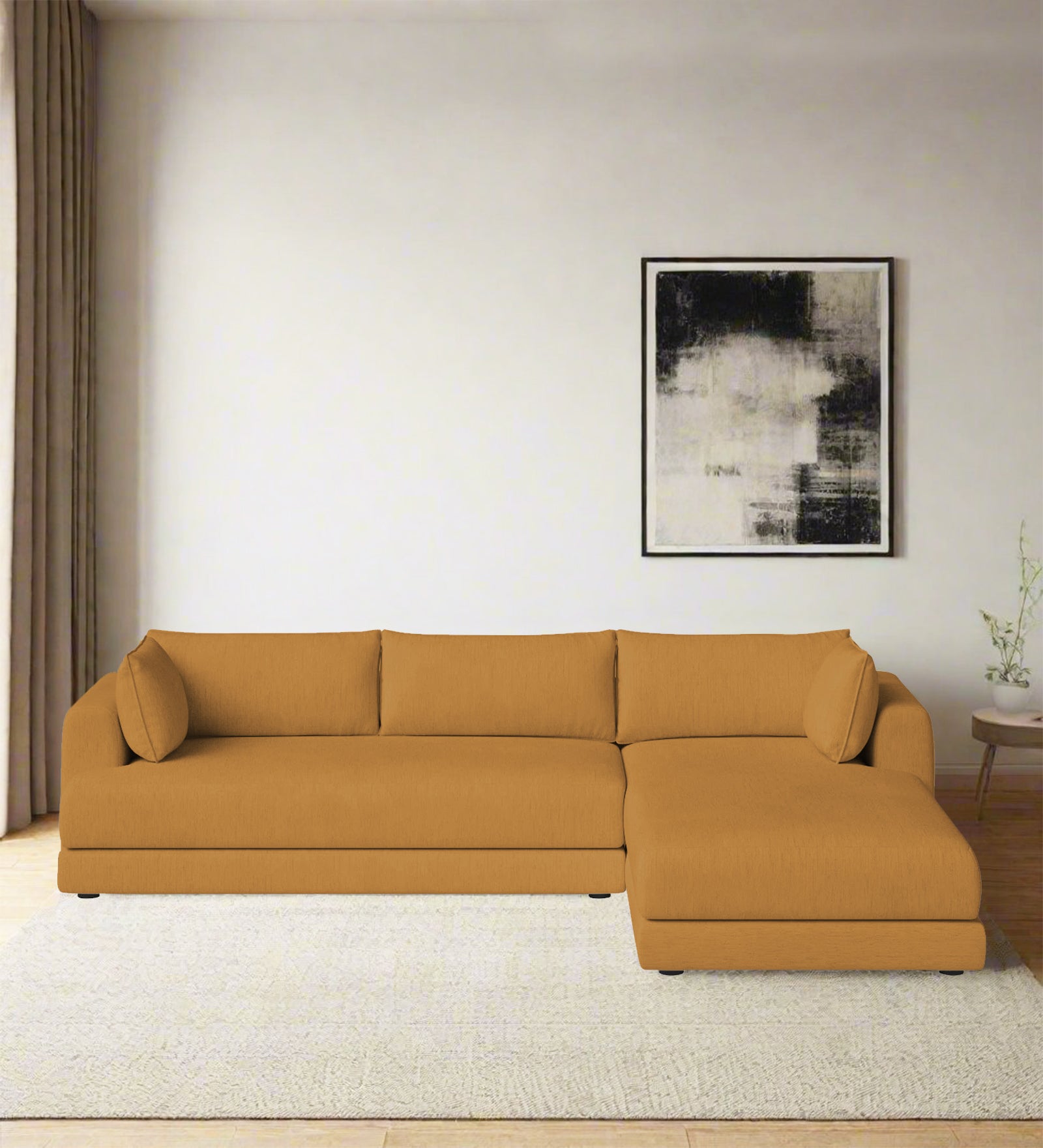 Ziggy Fabric LHS Sectional Sofa (3+Lounger) In Corn Yellow Colour - Febonic Living