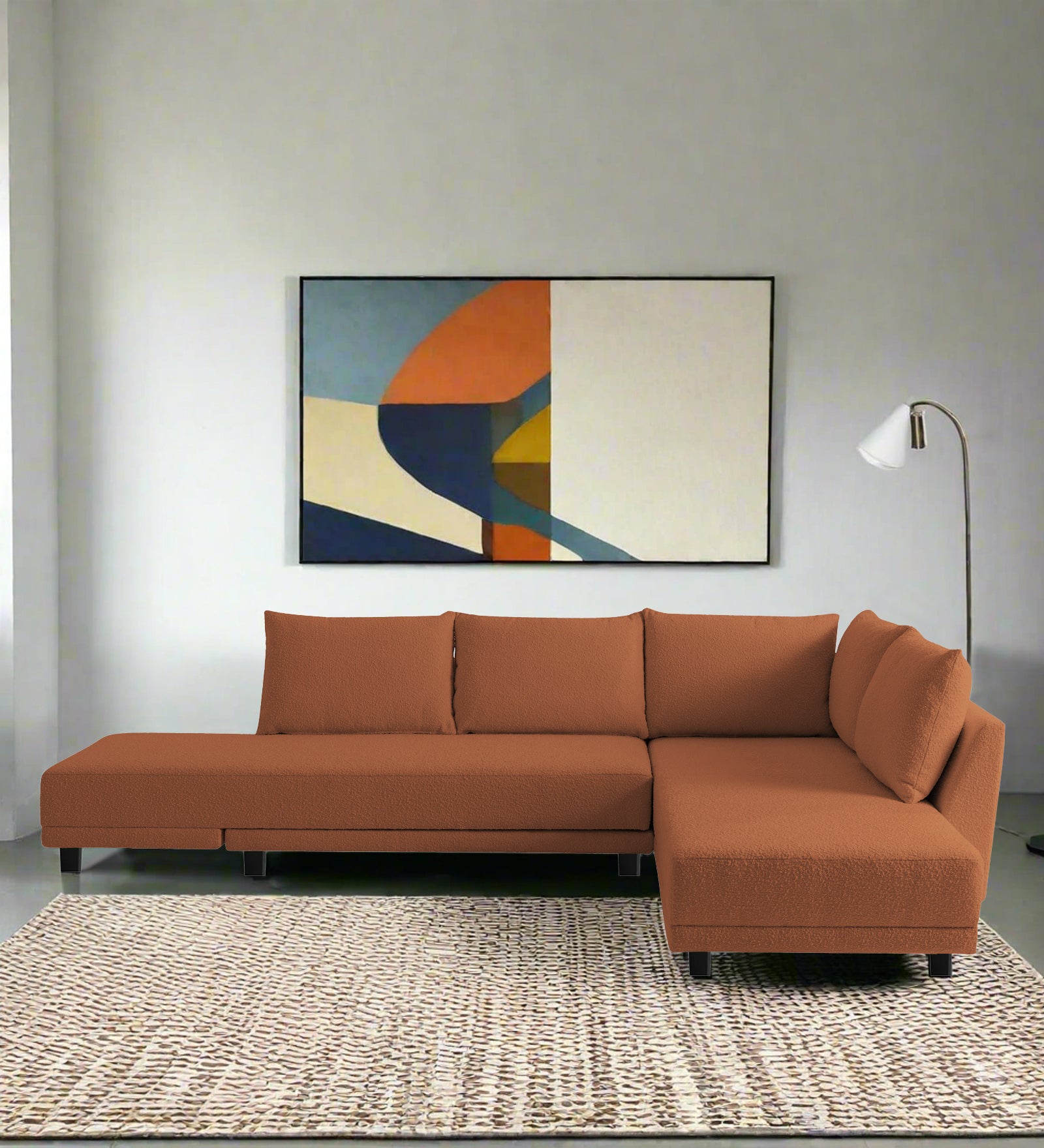 Ira Boucle Fabric LHS 6 Seater Convertible Sofa Cum Bed In Light Orange Colour - Febonic Living