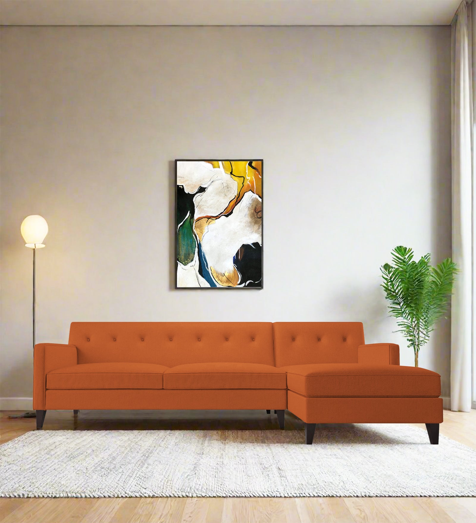 Miller Fabric LHS Sectional Sofa (3+Lounger) In Vivid Orange Colour - Febonic Living