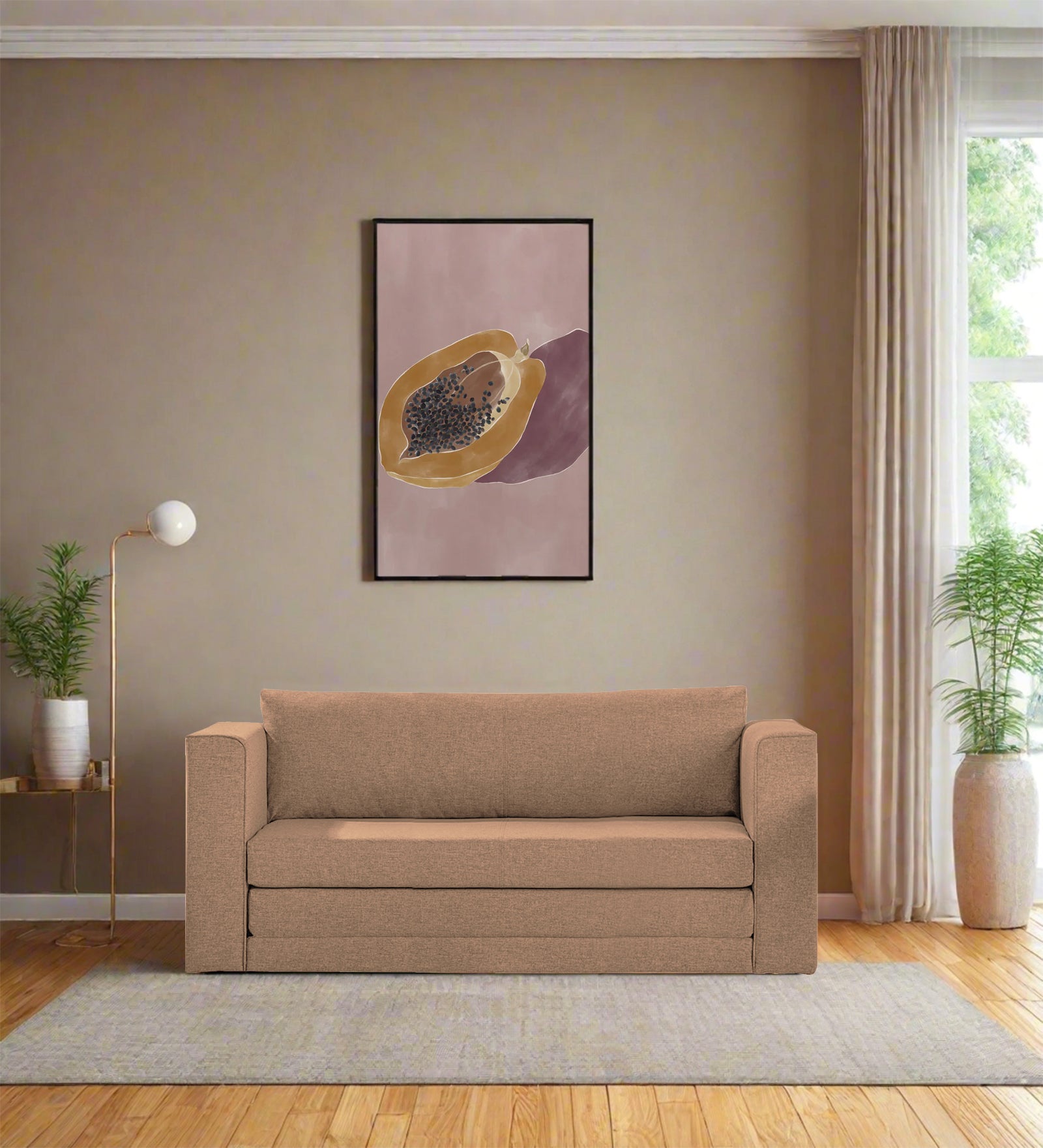 Kenia Fabric 3 Seater Foldable Sofa Cum Bed In Cosmic Beige Colour - Febonic Living
