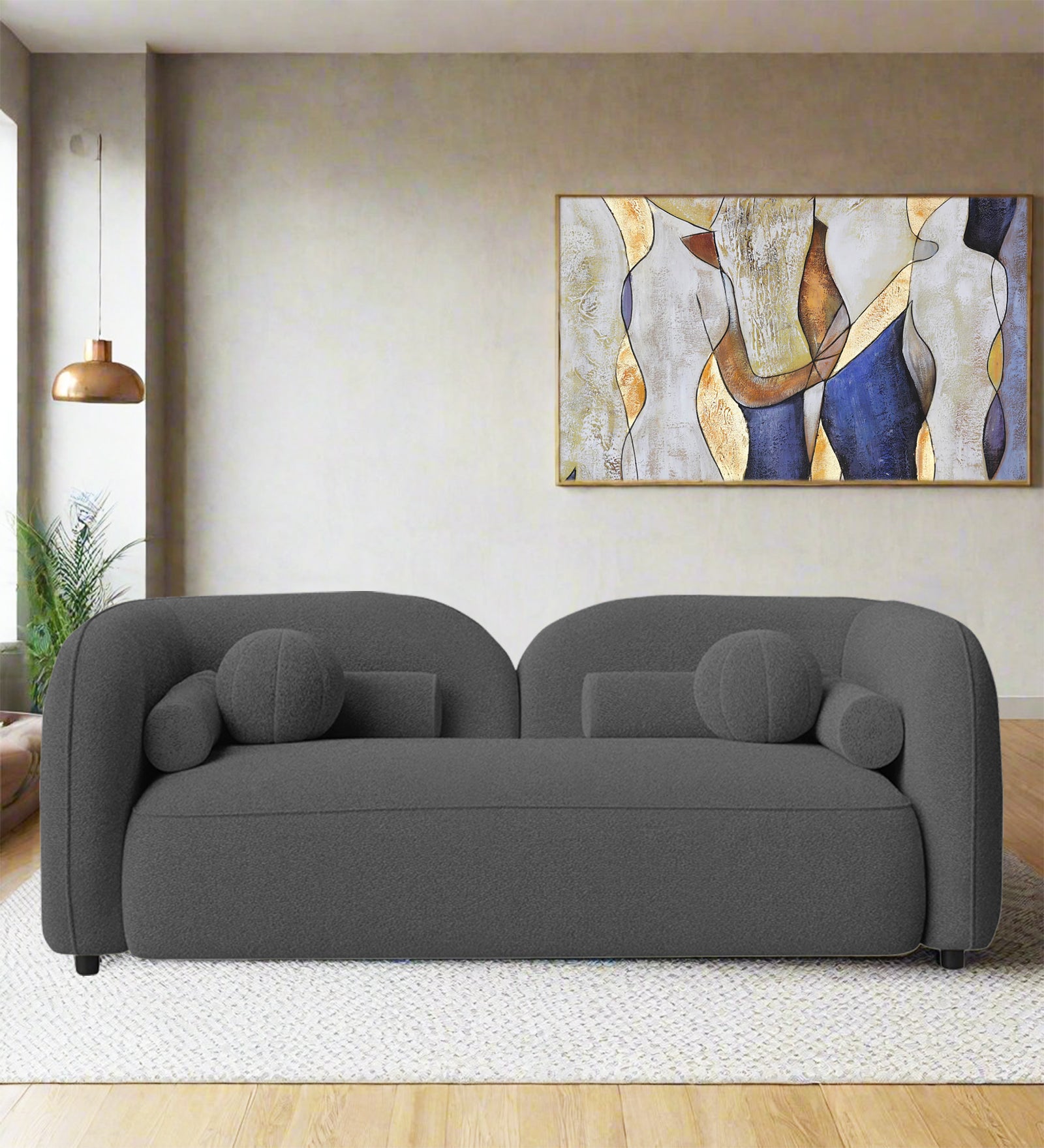 Corny Boucle Fabric 2 Seater Sofa In Lava Grey Colour - Febonic Living