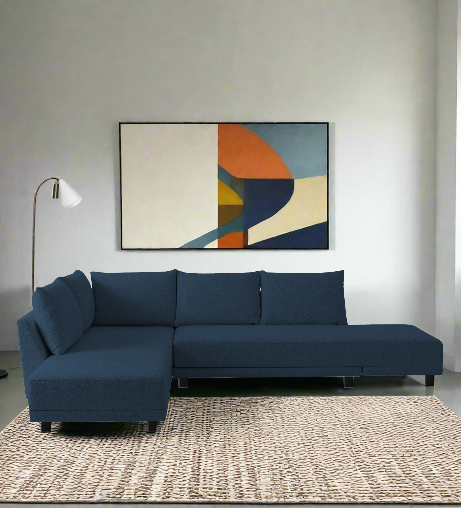 Ira Boucle Fabric RHS 6 Seater Convertible Sofa Cum Bed In Classic Blue Colour - Febonic Living