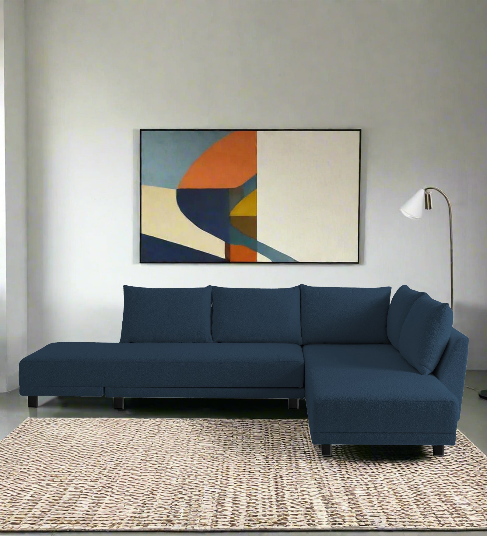 Ira Boucle Fabric LHS 6 Seater Convertible Sofa Cum Bed In Classic Blue Colour - Febonic Living