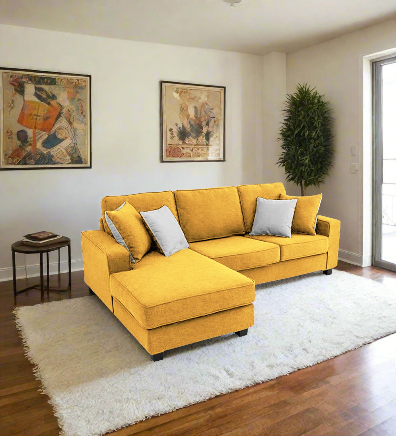 Ladybug Fabric RHS Sectional Sofa (2+Lounger) In Bold Yellow Colour - Febonic Living