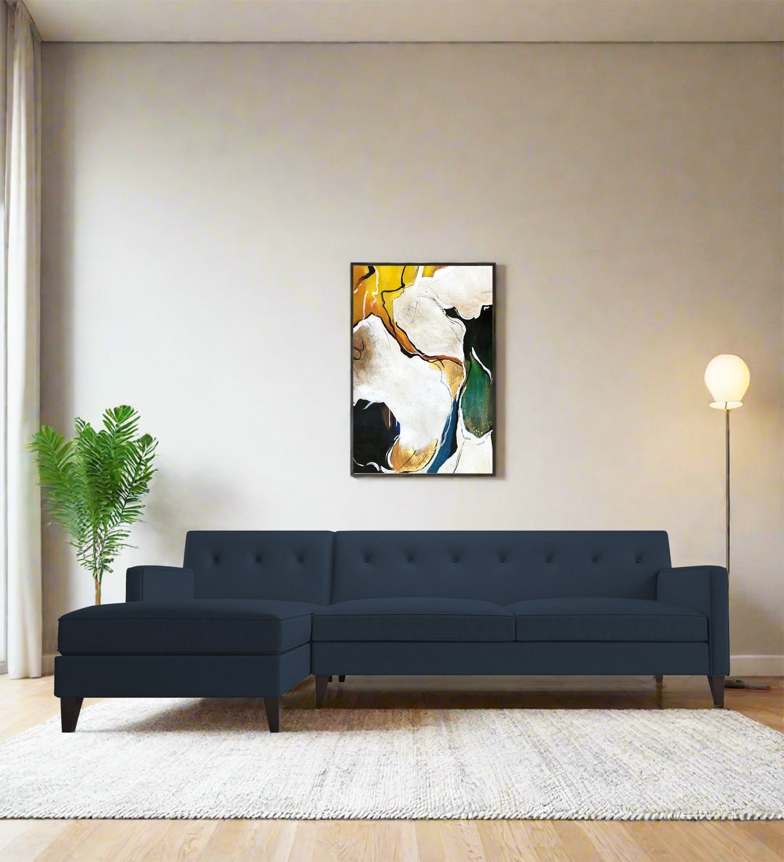 Miller Fabric RHS Sectional Sofa (3+Lounger) In Denim Blue Colour - Febonic Living