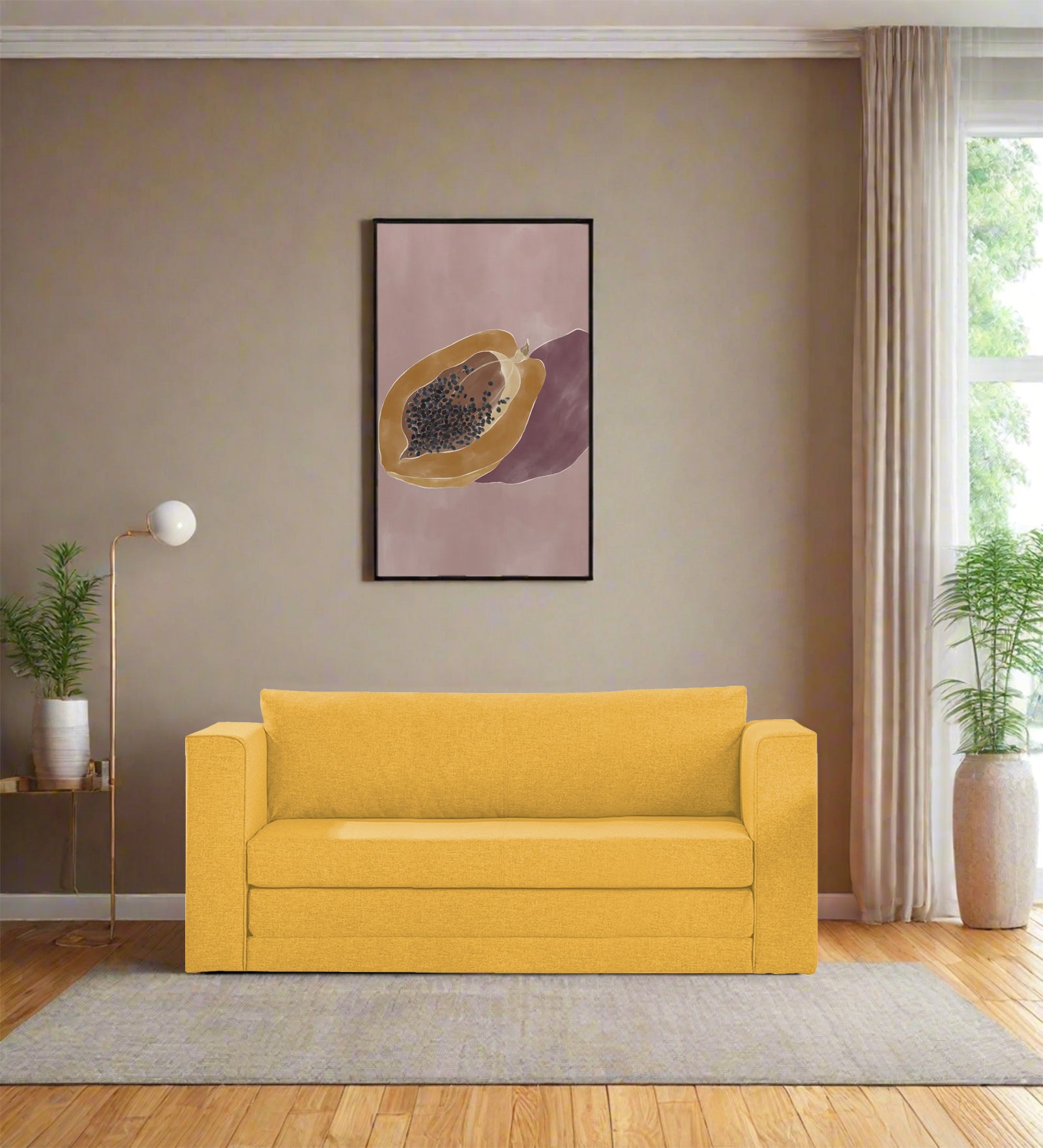 Kenia Fabric 3 Seater Foldable Sofa Cum Bed In Bold Yellow Colour - Febonic Living