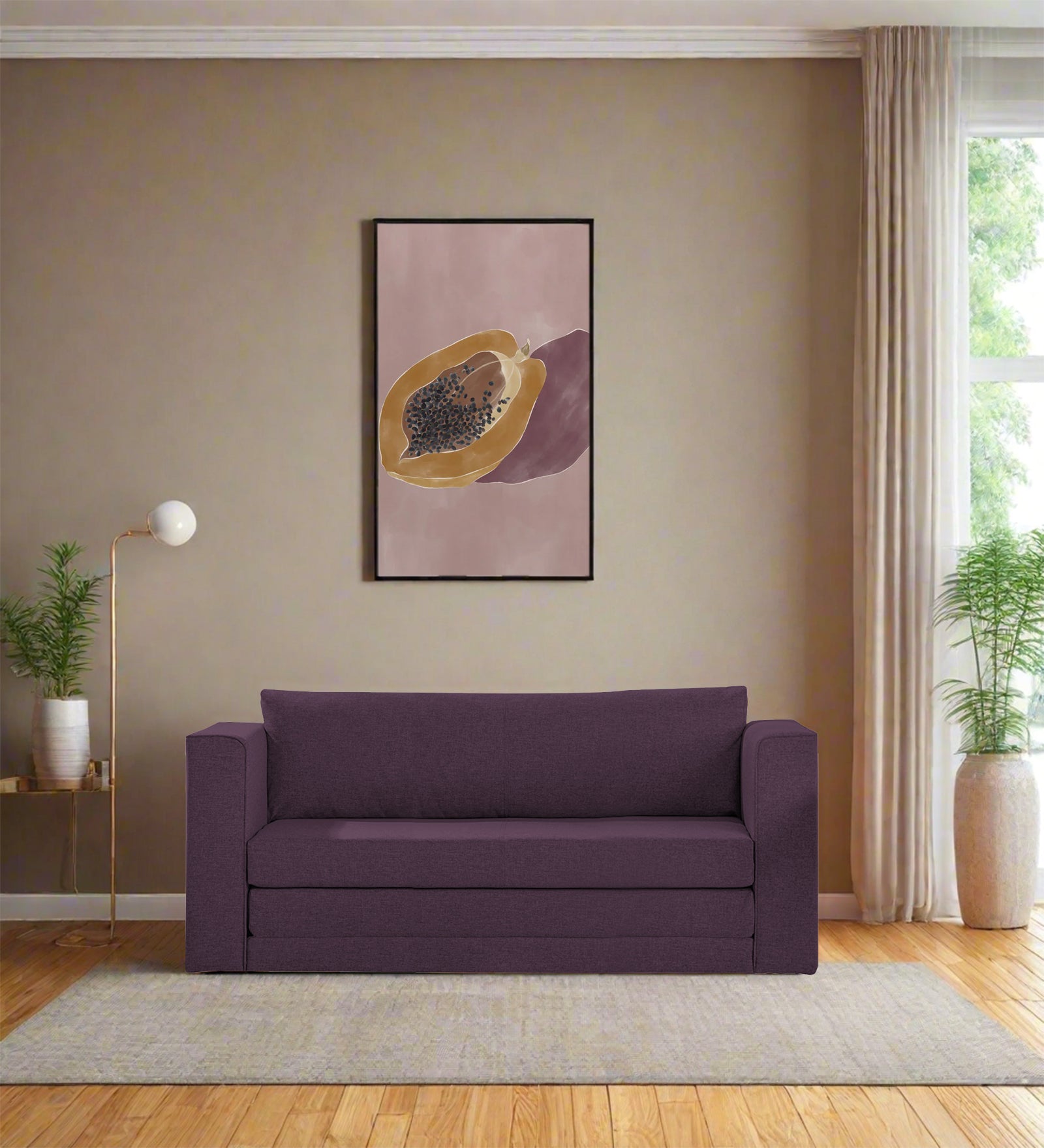 Kenia Fabric 3 Seater Foldable Sofa Cum Bed In Greek Purple Colour - Febonic Living