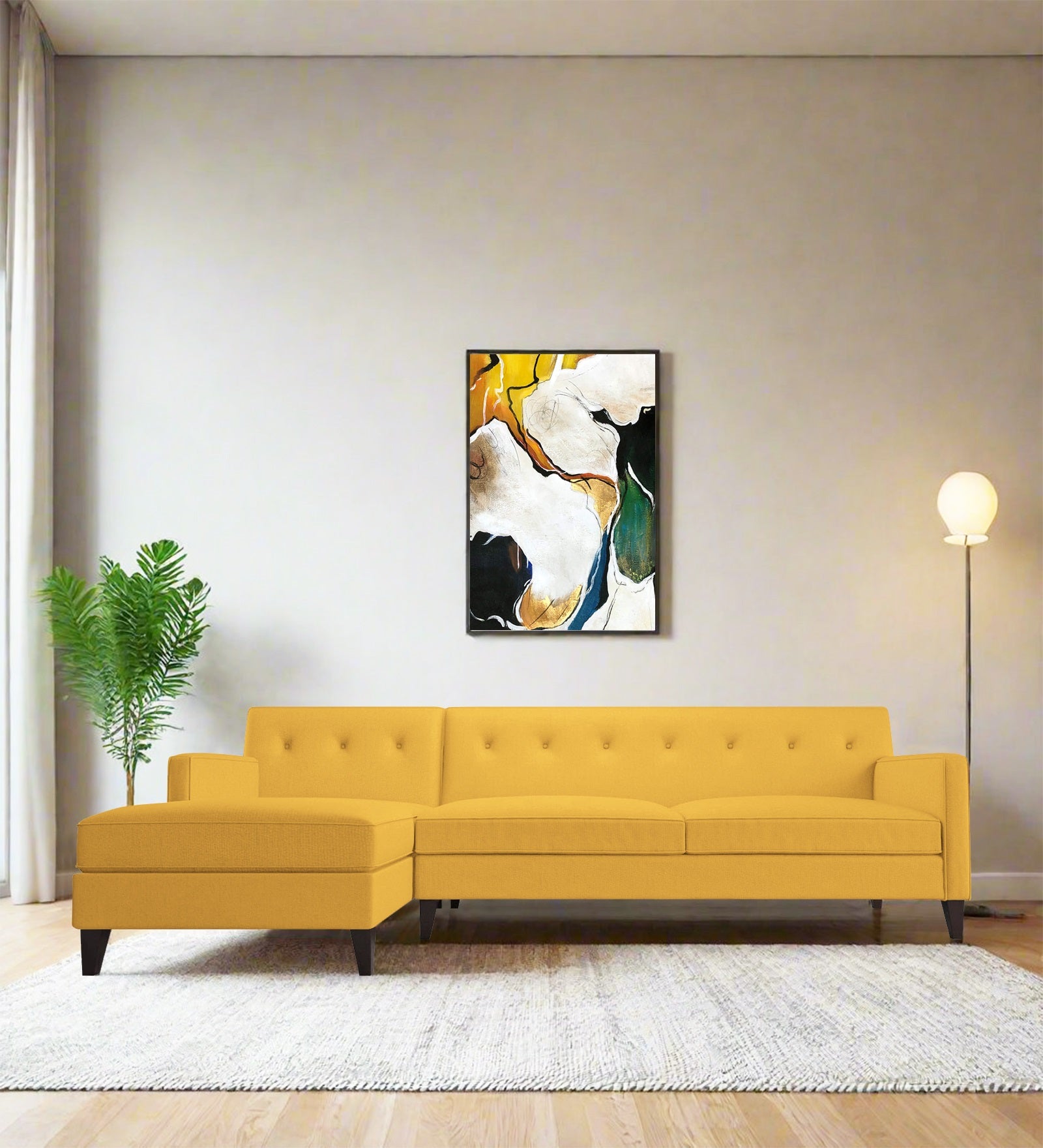 Miller Fabric RHS Sectional Sofa (3+Lounger) In Bold Yellow Colour - Febonic Living