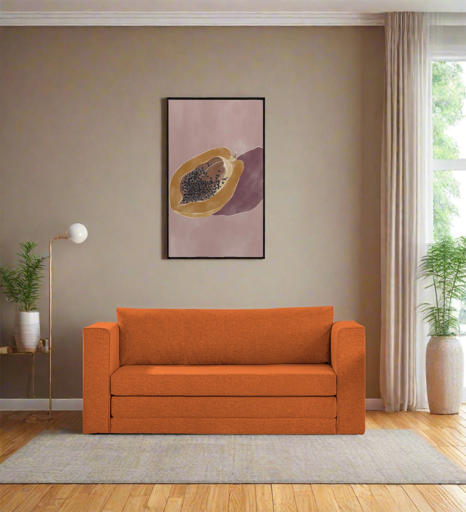 Kenia Fabric 3 Seater Foldable Sofa Cum Bed In Vivid Orange Colour - Febonic Living
