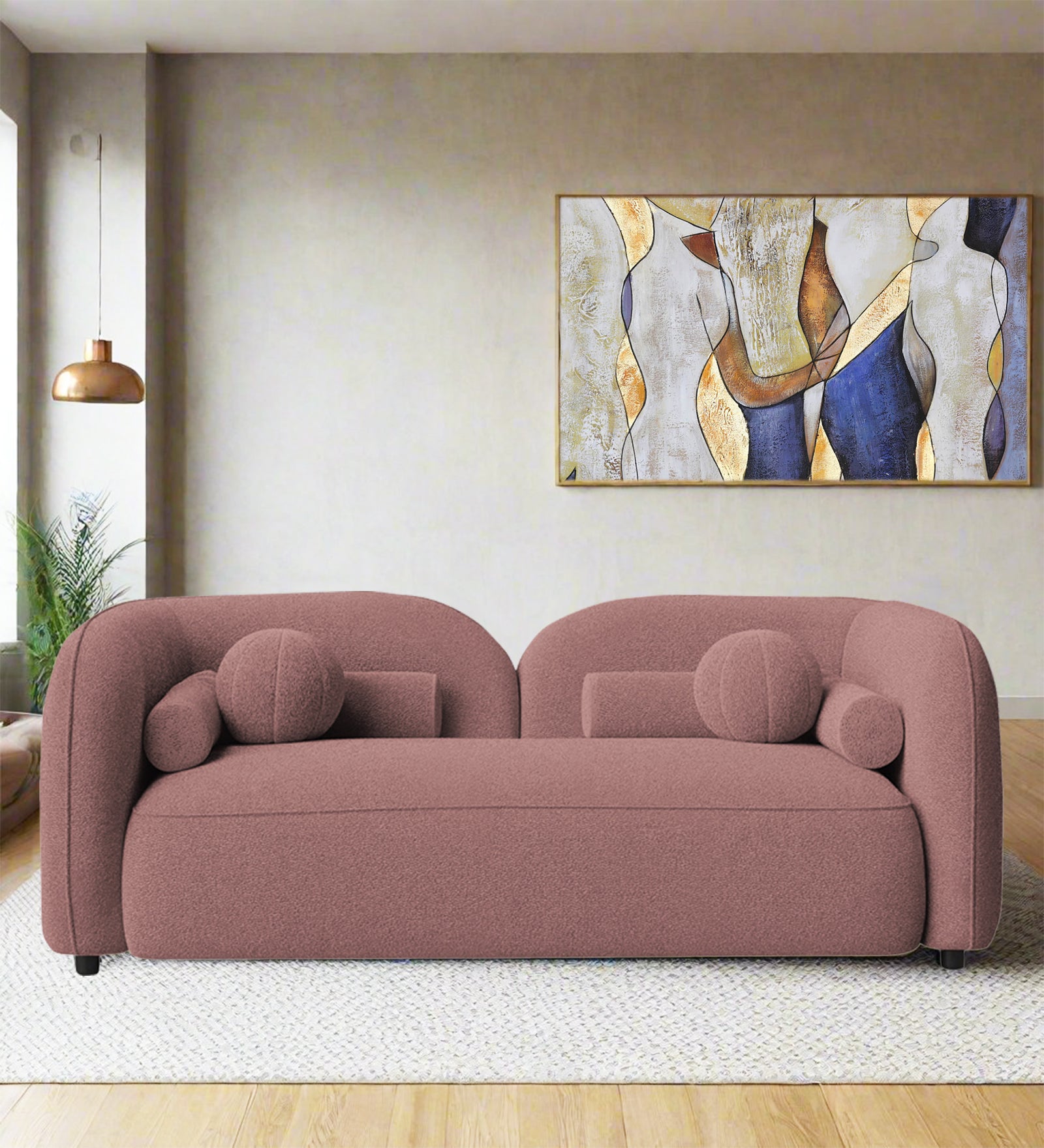 Corny Boucle Fabric 2 Seater Sofa In Rose Pink Colour - Febonic Living