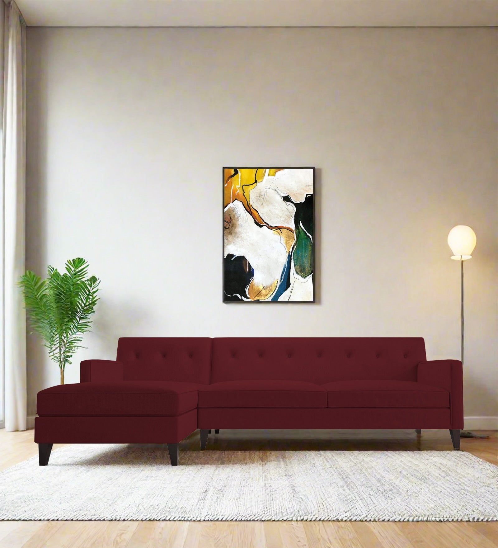 Miller Fabric RHS Sectional Sofa (3+Lounger) In Blood Maroon Colour - Febonic Living