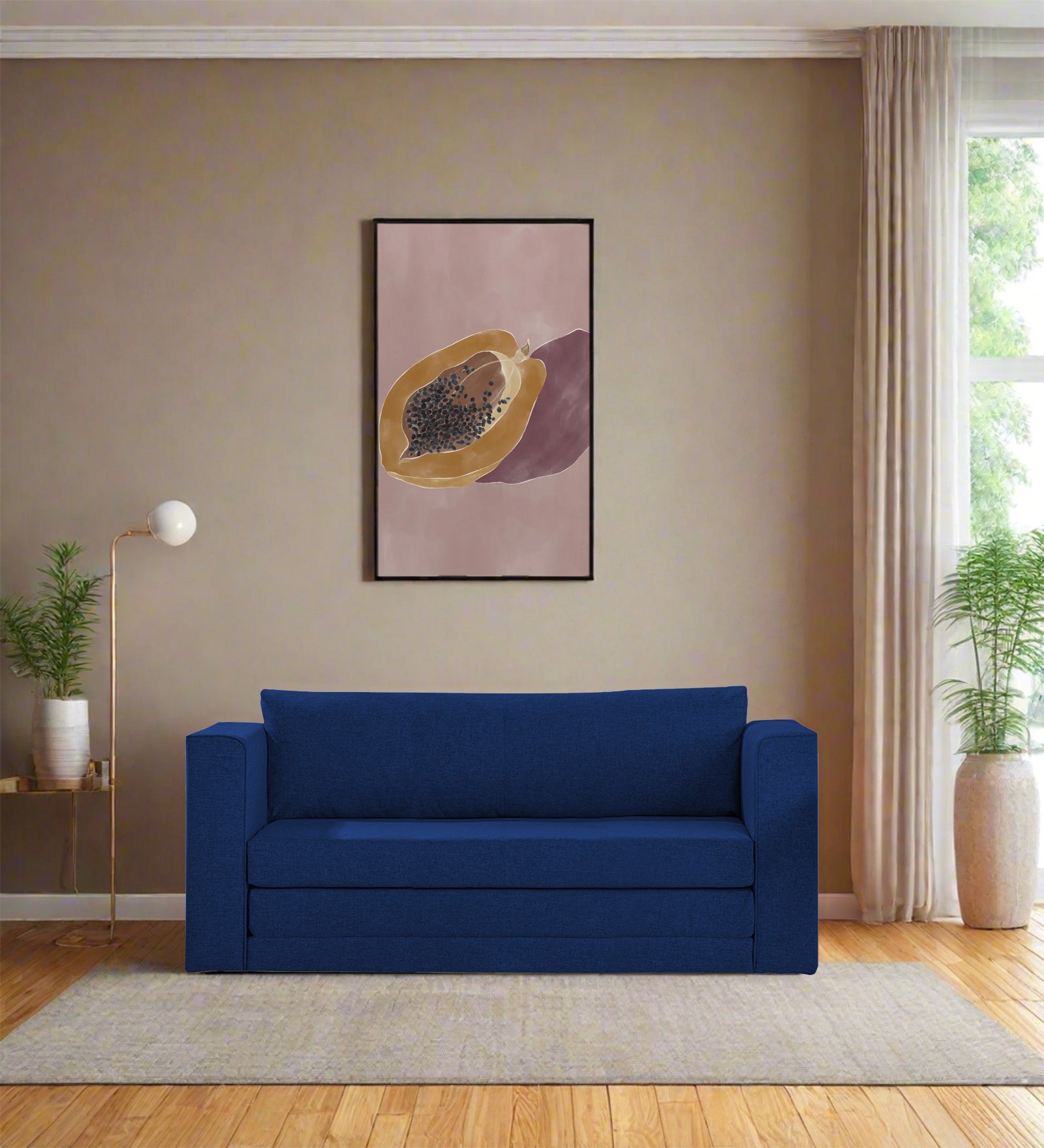 Kenia Fabric 3 Seater Foldable Sofa Cum Bed In Royal Blue Colour - Febonic Living