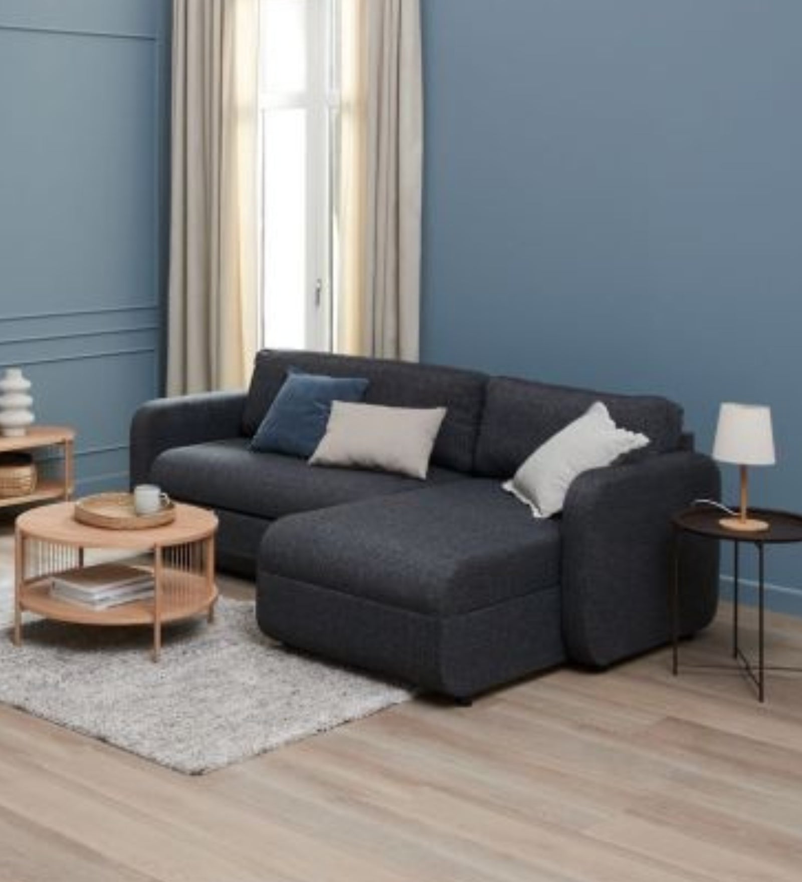 Bison Fabric 3 Seater Sectional With Pull Out Sofa Cum Bed In Charcoal Grey Colour - Febonic Living