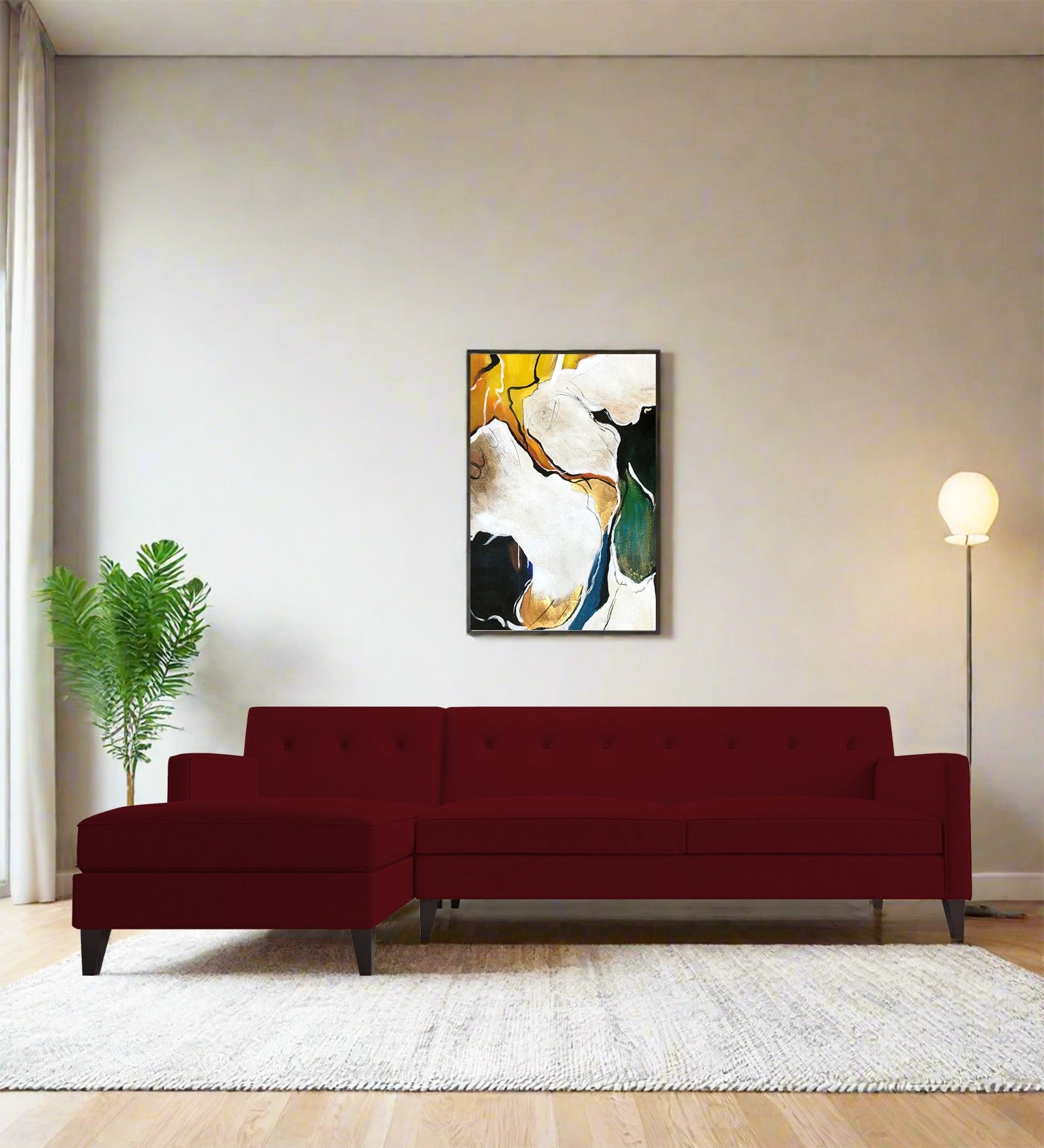 Miller Fabric RHS Sectional Sofa (3+Lounger) In Ruby Red Colour - Febonic Living