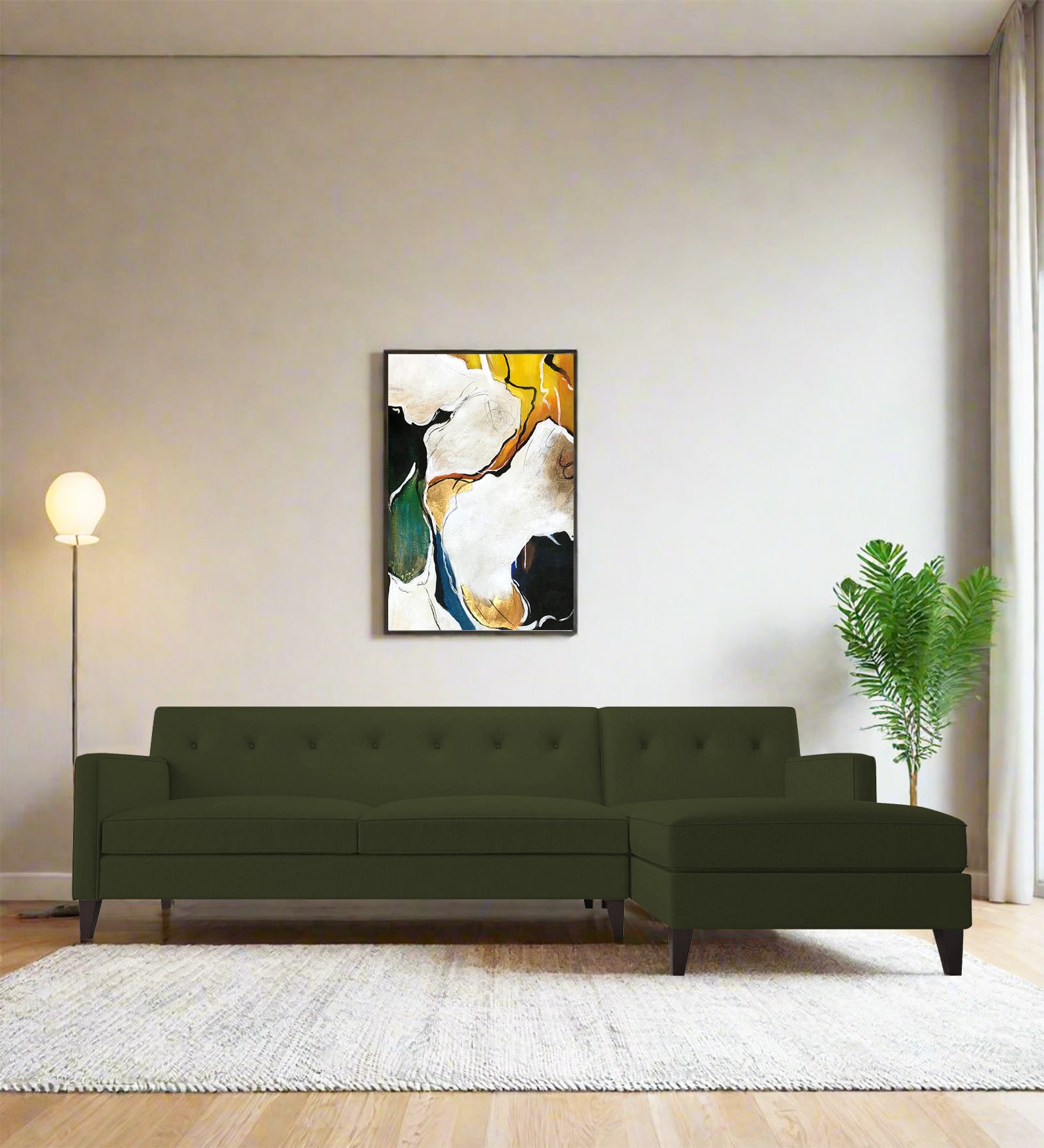 Miller Fabric LHS Sectional Sofa (3+Lounger) In Olive Green Colour - Febonic Living