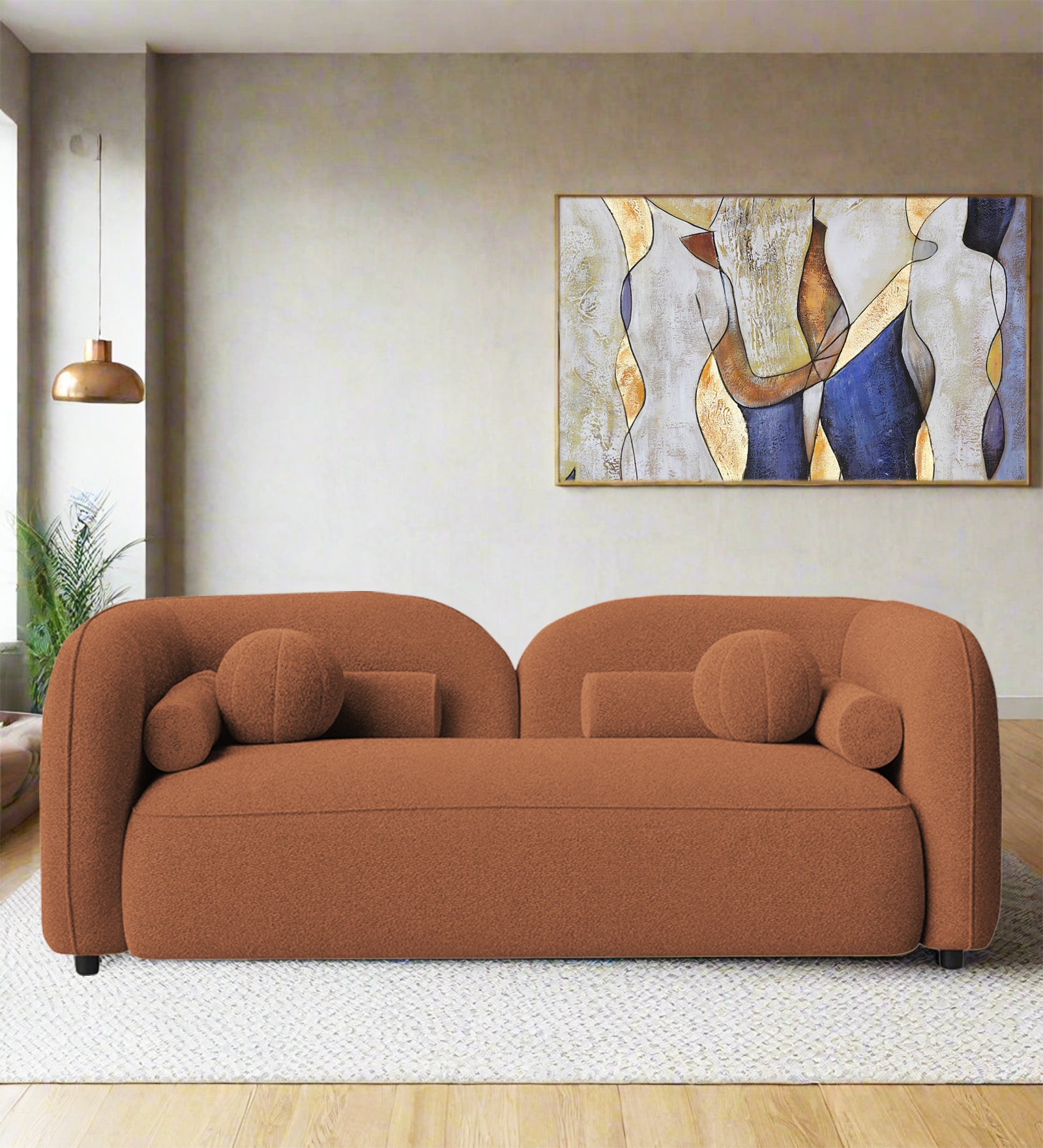 Corny Boucle Fabric 2 Seater Sofa In Light Orange Colour - Febonic Living