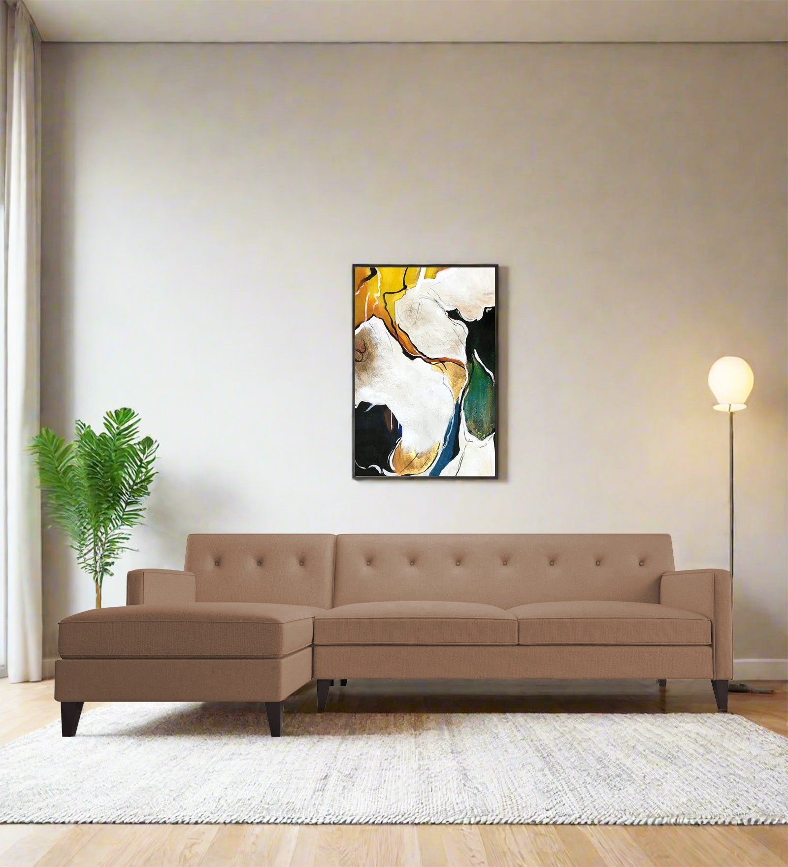 Miller Fabric RHS Sectional Sofa (3+Lounger) In Cosmic Beige Colour - Febonic Living