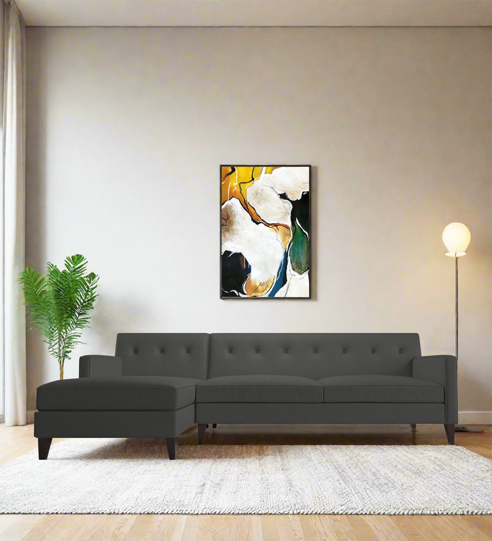 Miller Fabric RHS Sectional Sofa (3+Lounger) In Charcoal Grey Colour - Febonic Living