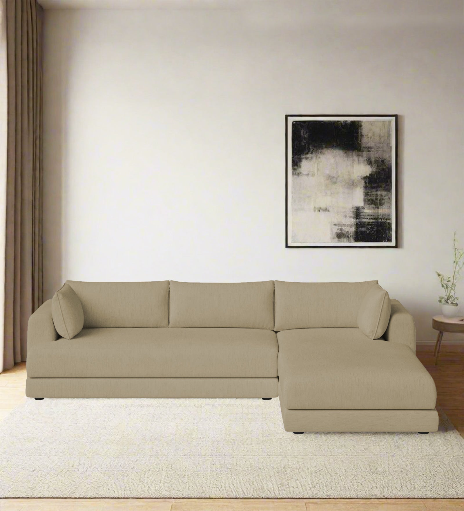 Ziggy Fabric LHS Sectional Sofa (3+Lounger) In Honey Beige Colour - Febonic Living