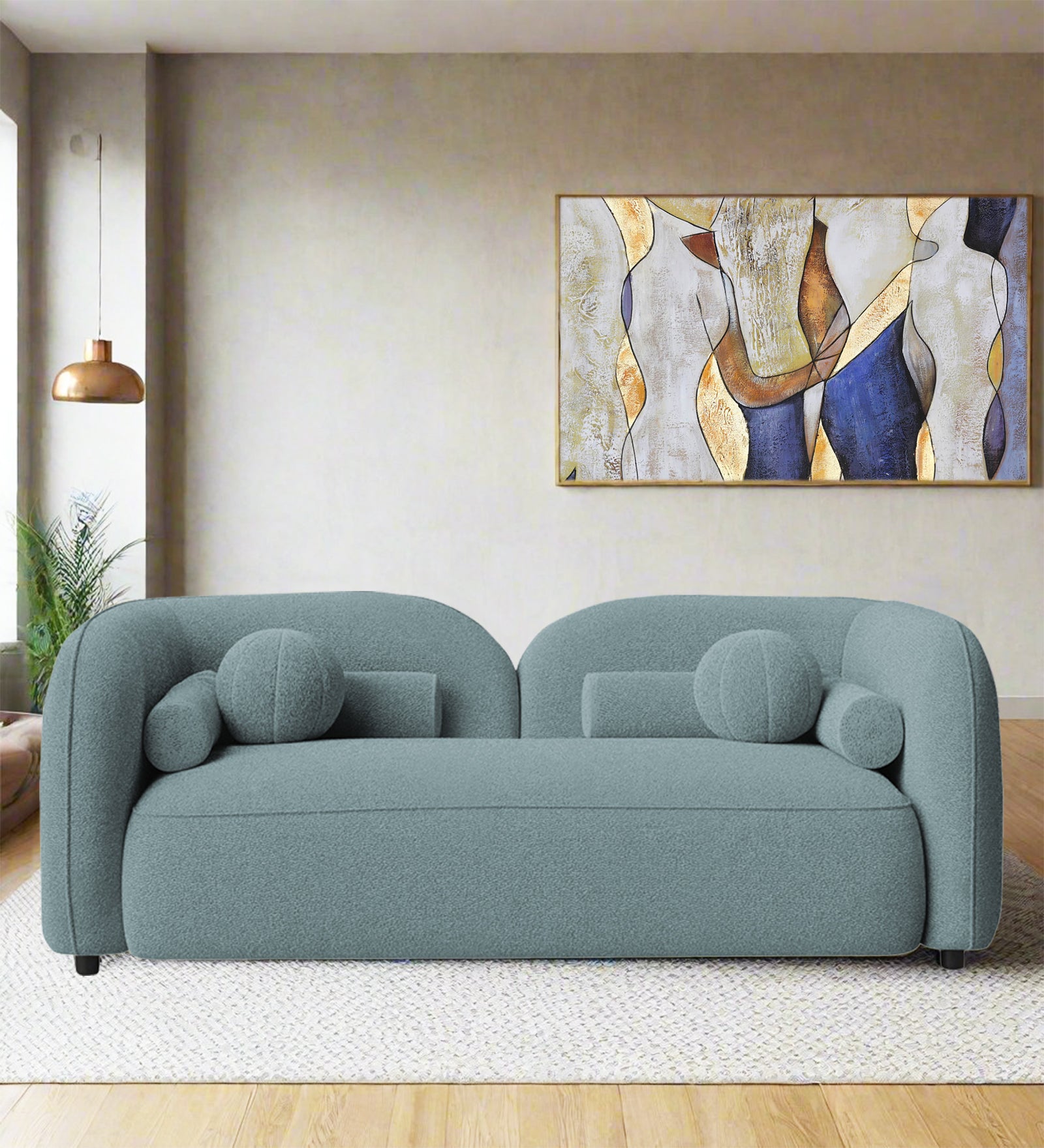 Corny Boucle Fabric 2 Seater Sofa In Stormy Blue Colour - Febonic Living