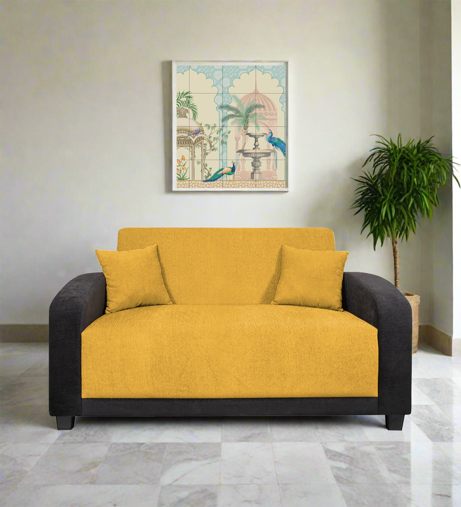 Alex Fabric 2 Seater Sofa In Bold Yellow Colour - Febonic Living