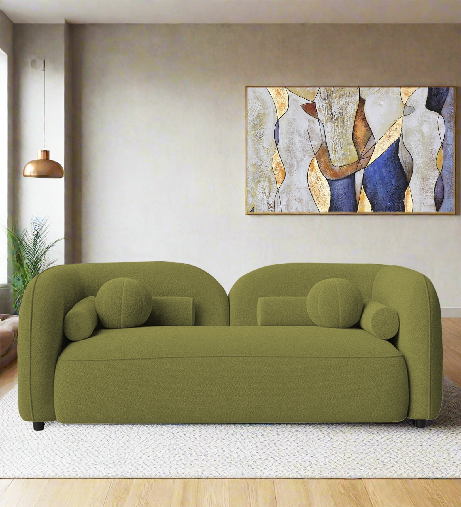 Corny Boucle Fabric 2 Seater Sofa In Apple Green Colour - Febonic Living