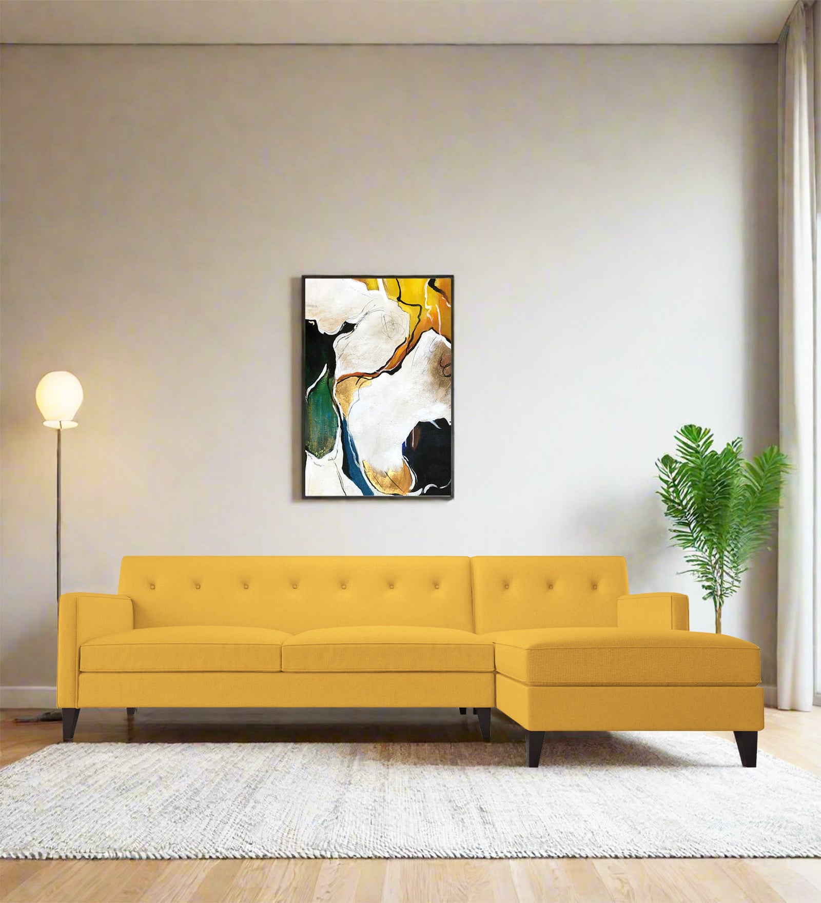 Miller Fabric LHS Sectional Sofa (3+Lounger) In Bold Yellow Colour - Febonic Living