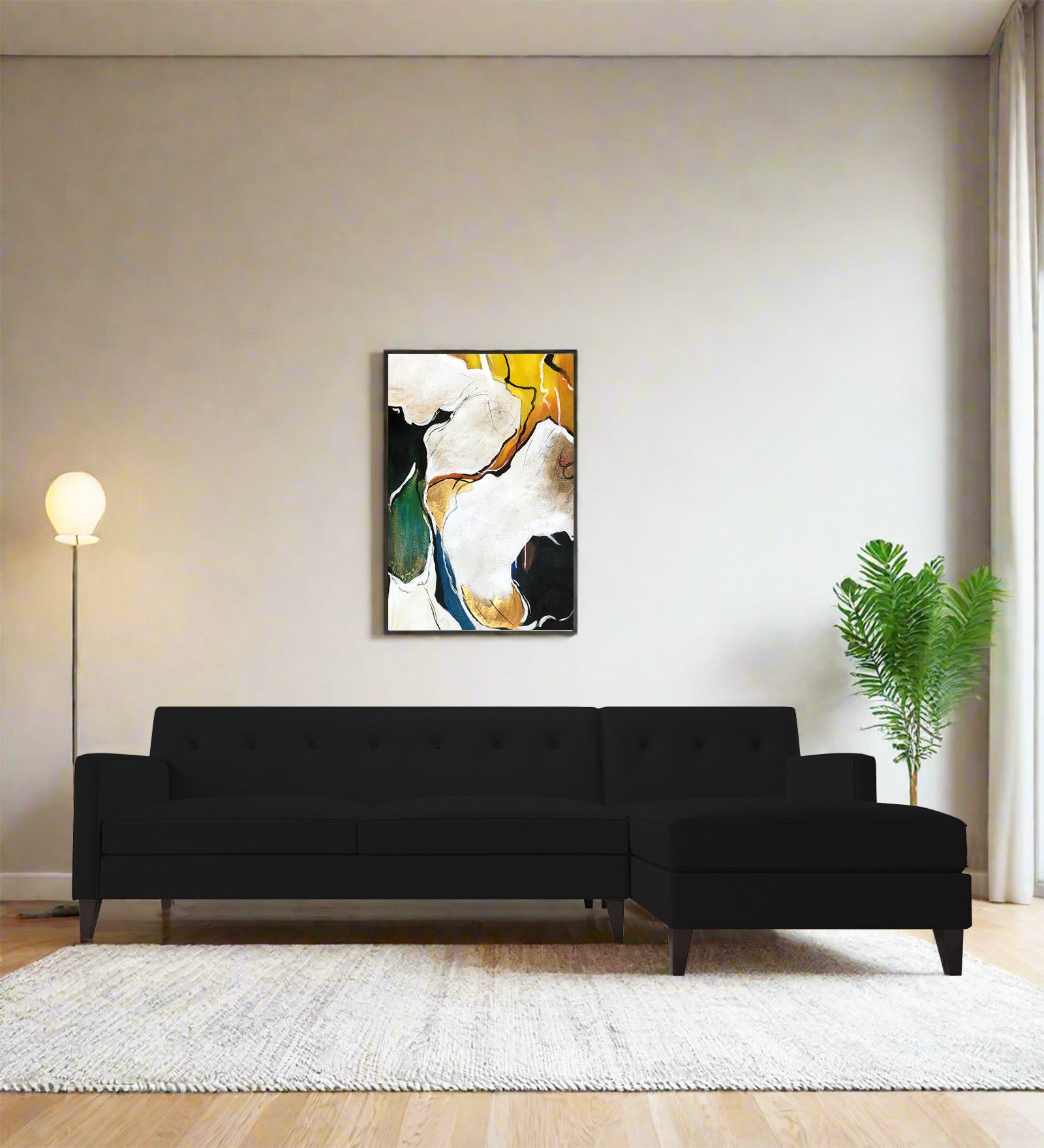 Miller Fabric LHS Sectional Sofa (3+Lounger) In Zed Black Colour - Febonic Living