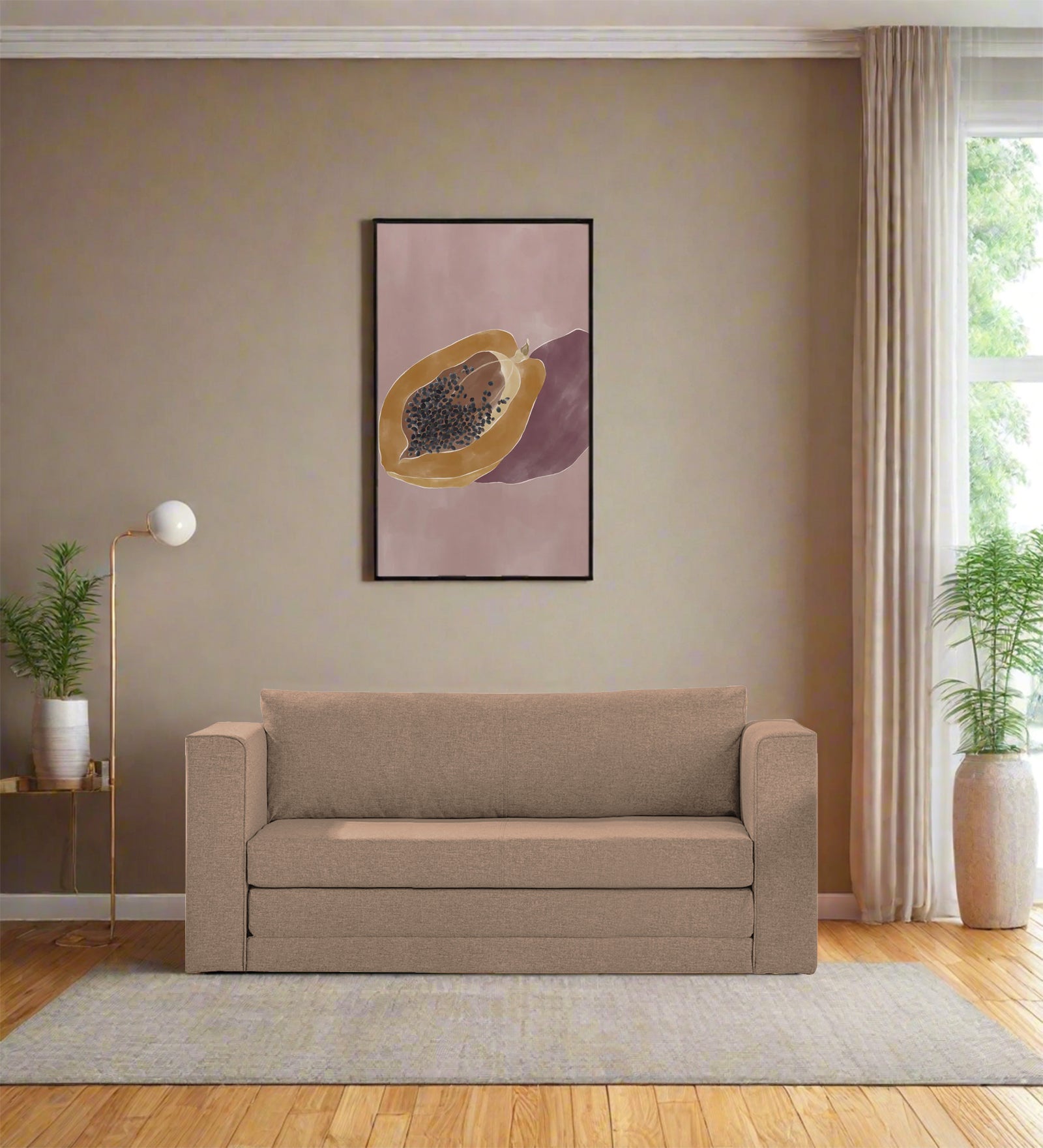 Kenia Fabric 3 Seater Foldable Sofa Cum Bed In Cookie Beige Colour - Febonic Living