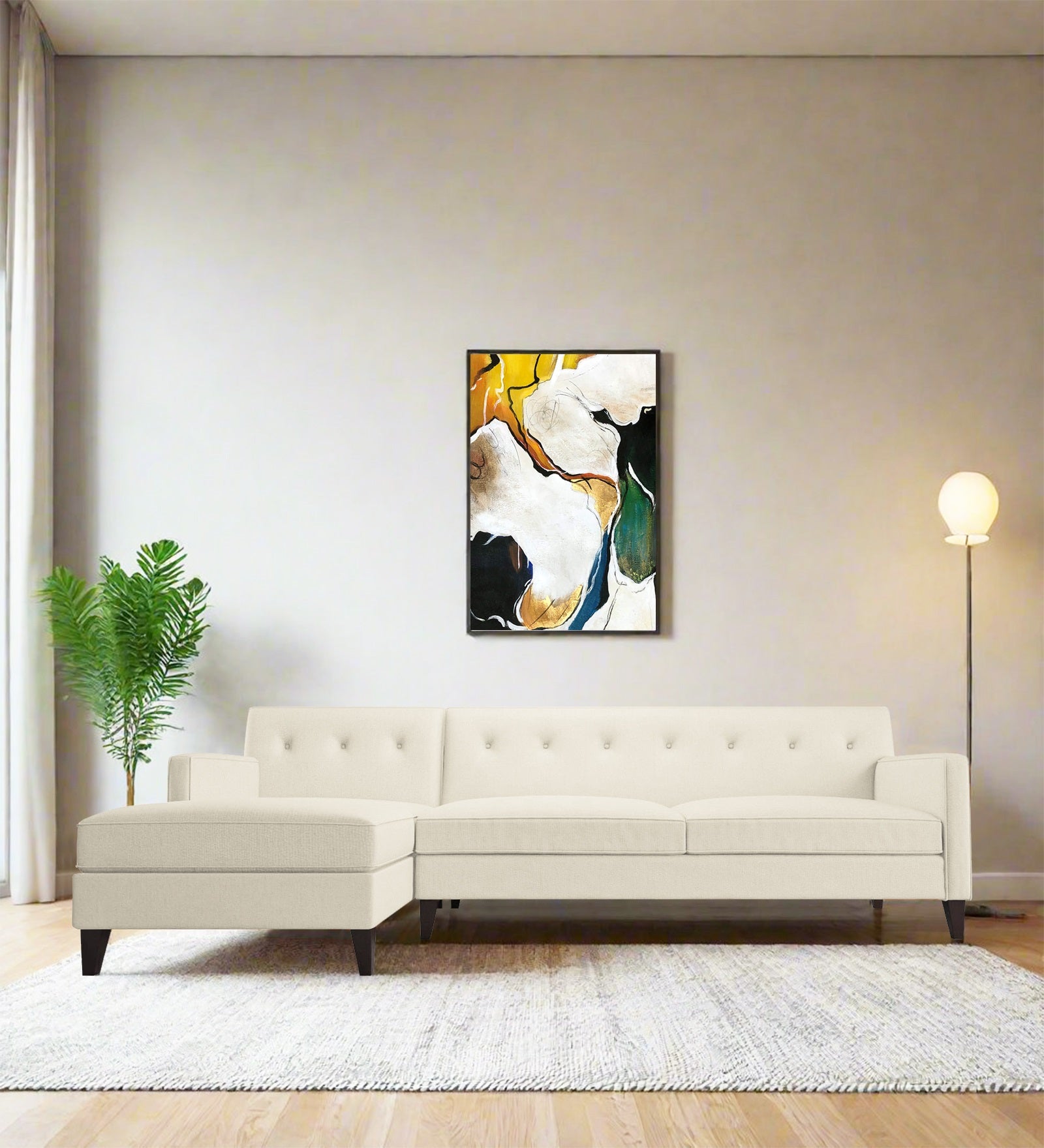 Miller Fabric RHS Sectional Sofa (3+Lounger) In Ivory Cream Colour - Febonic Living