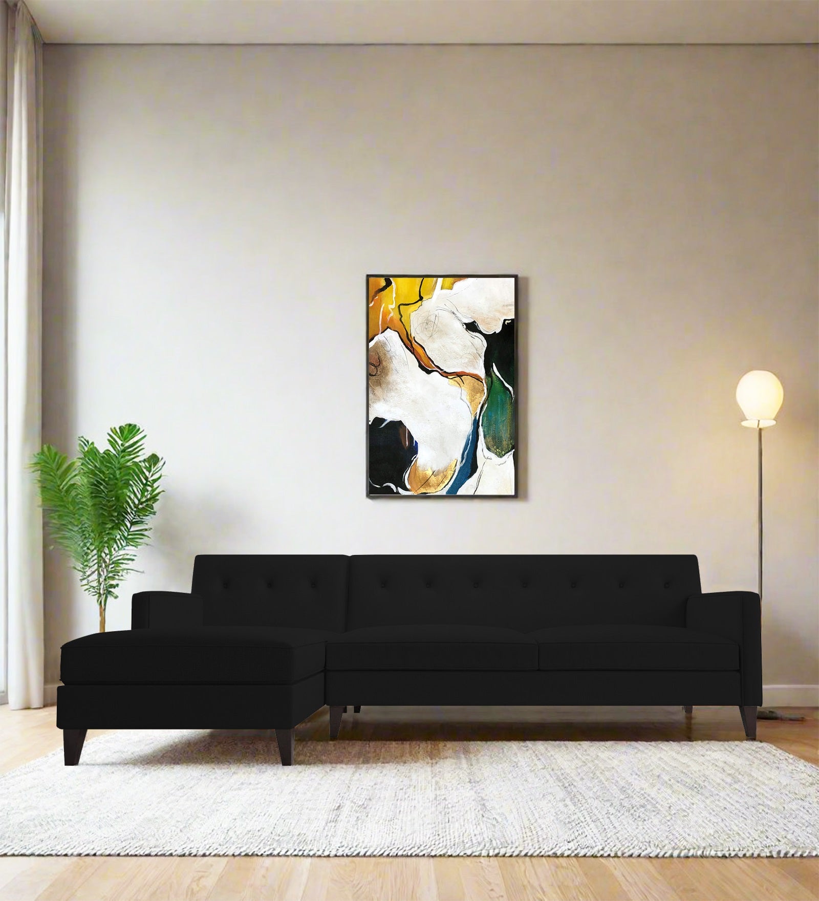 Miller Fabric RHS Sectional Sofa (3+Lounger) In Zed Black Colour - Febonic Living