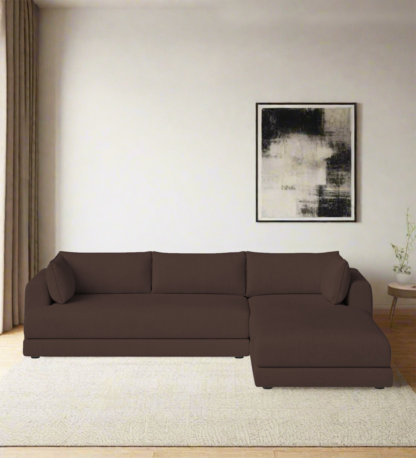 Ziggy Fabric LHS Sectional Sofa (3+Lounger) In Caramel Brown Colour - Febonic Living