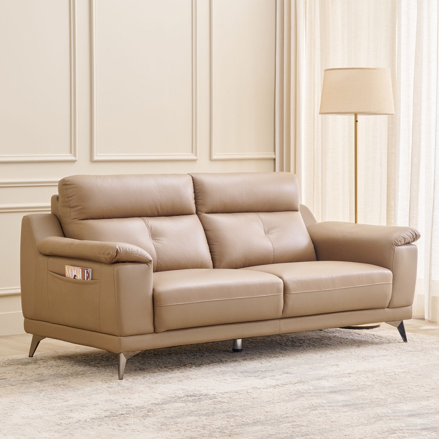 Arya Leatherette 3 Seater Sofa In Sepia Beige Colour - Febonic Living