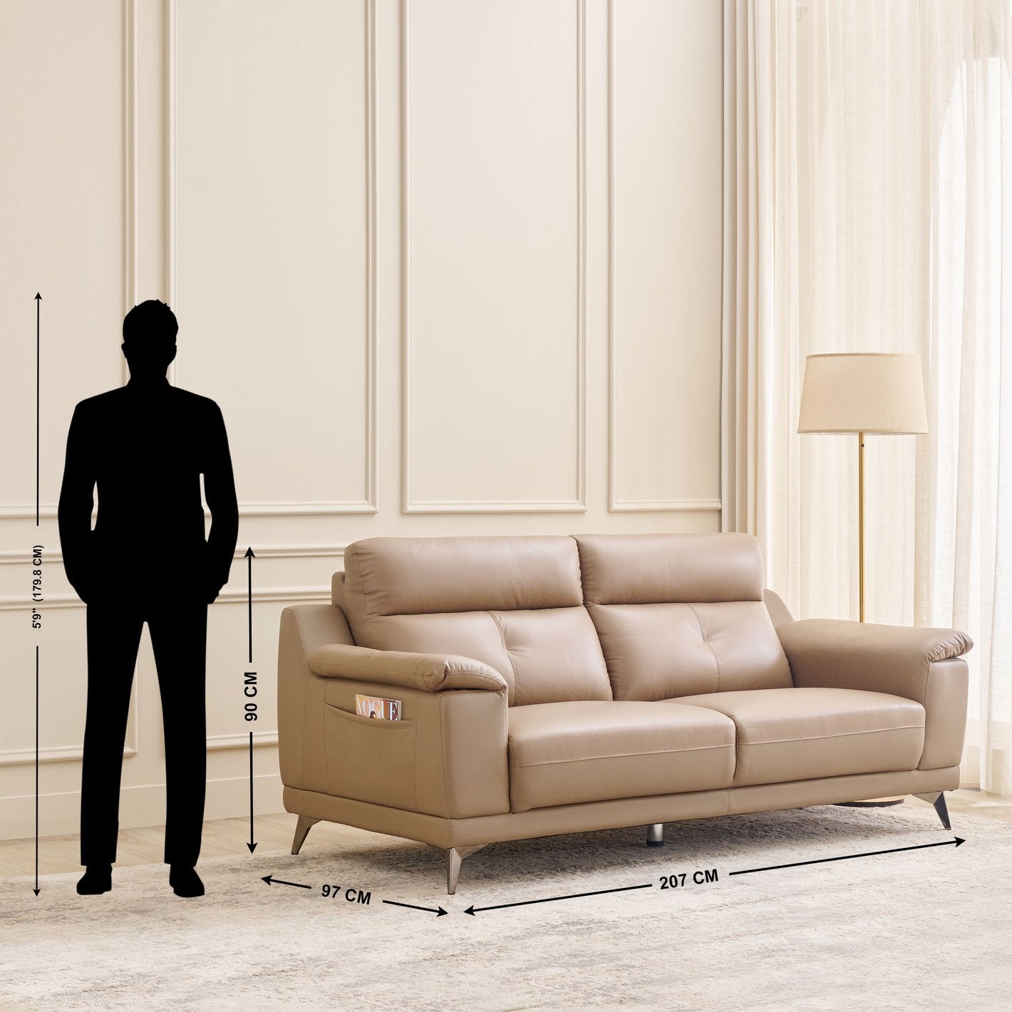 Arya Leatherette 3 Seater Sofa In Sepia Beige Colour - Febonic Living