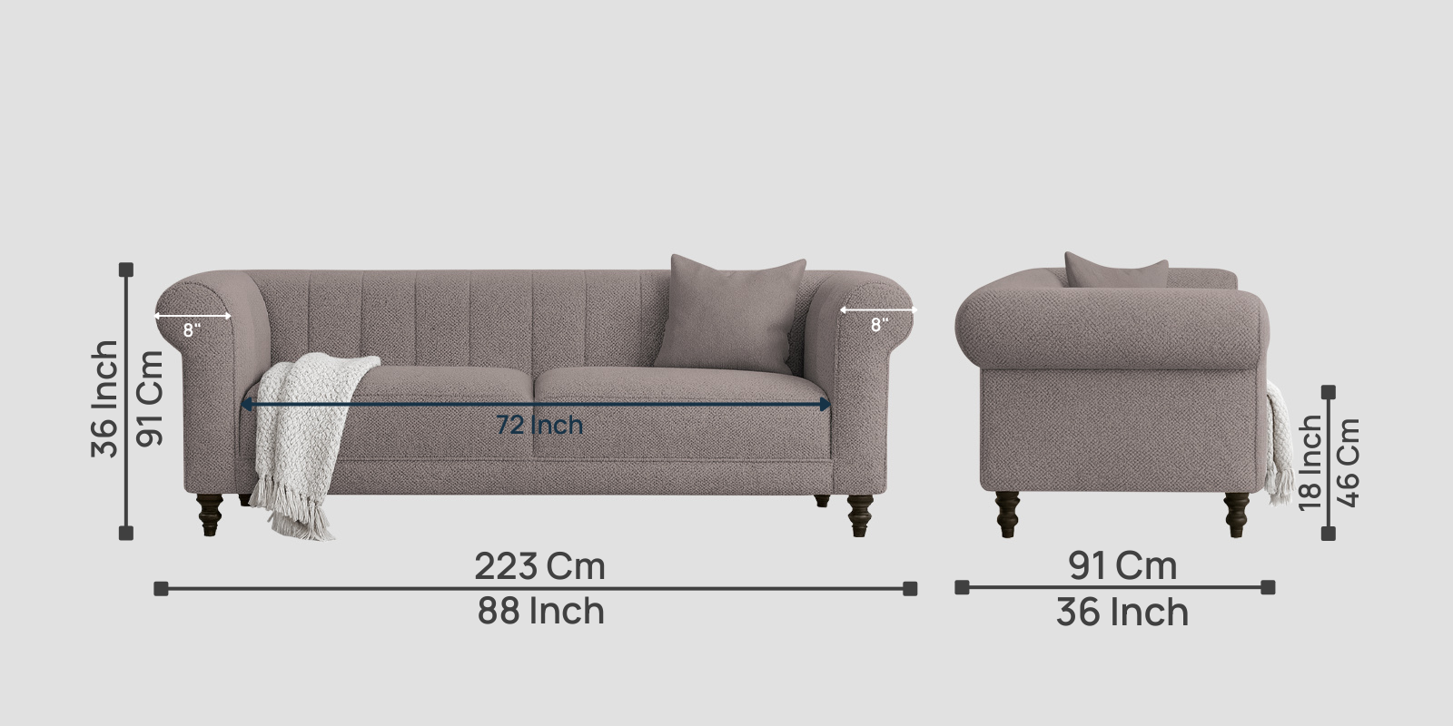 Sahara Fabric 3 Seater Sofa In Silk Grey Colour