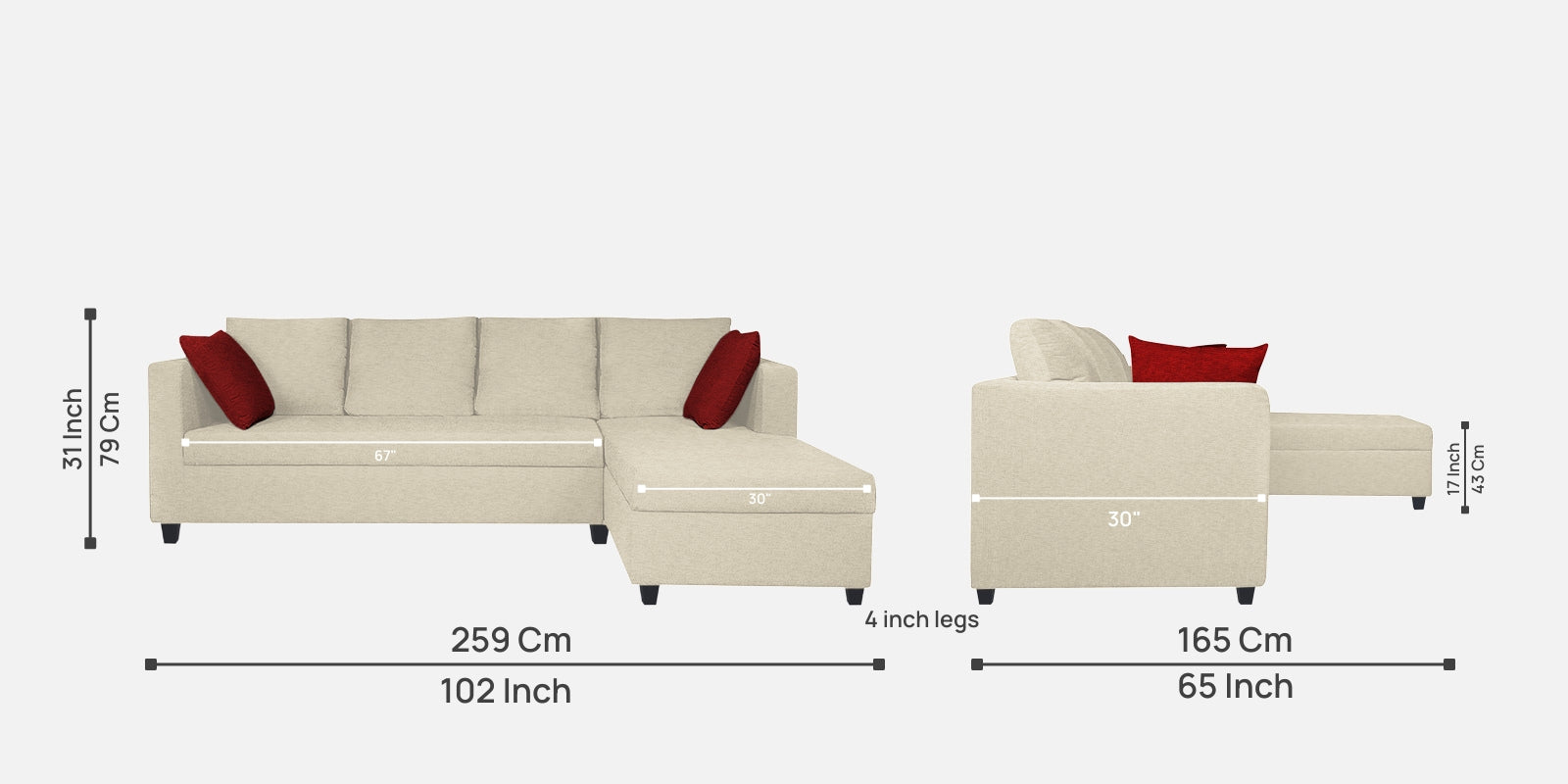 Nebula Fabric LHS Sectional Sofa (3+Lounger) In Ivory Cream Colour - Febonic Living