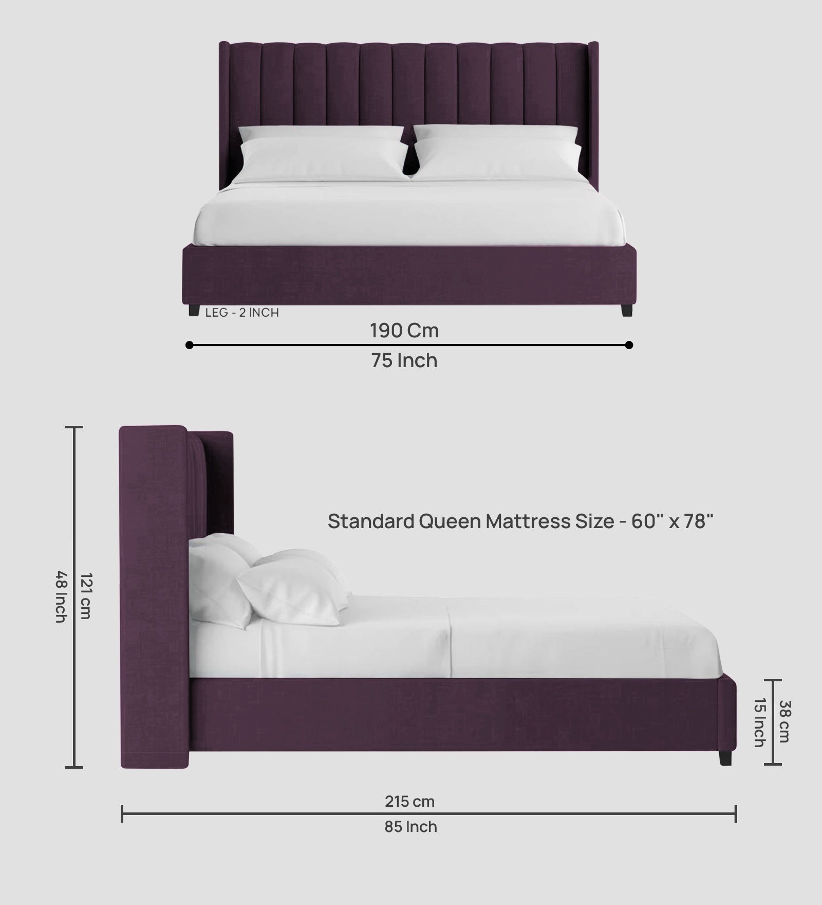 Colina Fabric Queen Size Bed In Greek Purple Colour With Box Storage - Febonic Living