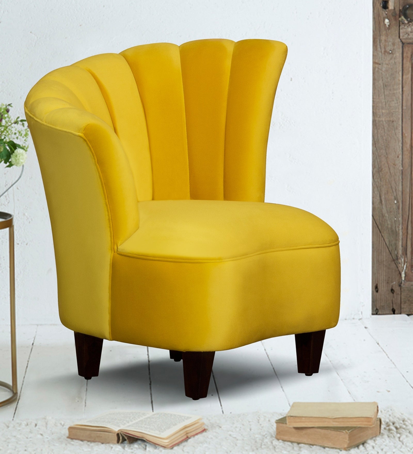 Davo Velvet Slipper Chair in Safforn Yellow Colour - Febonic Living