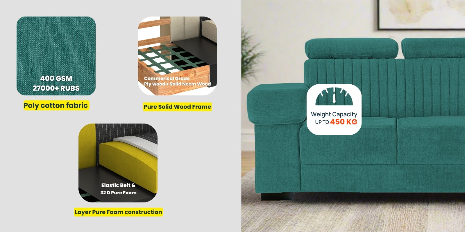 Draco Fabric 3 Seater Sofa In Lit Grey Colour - Febonic Living