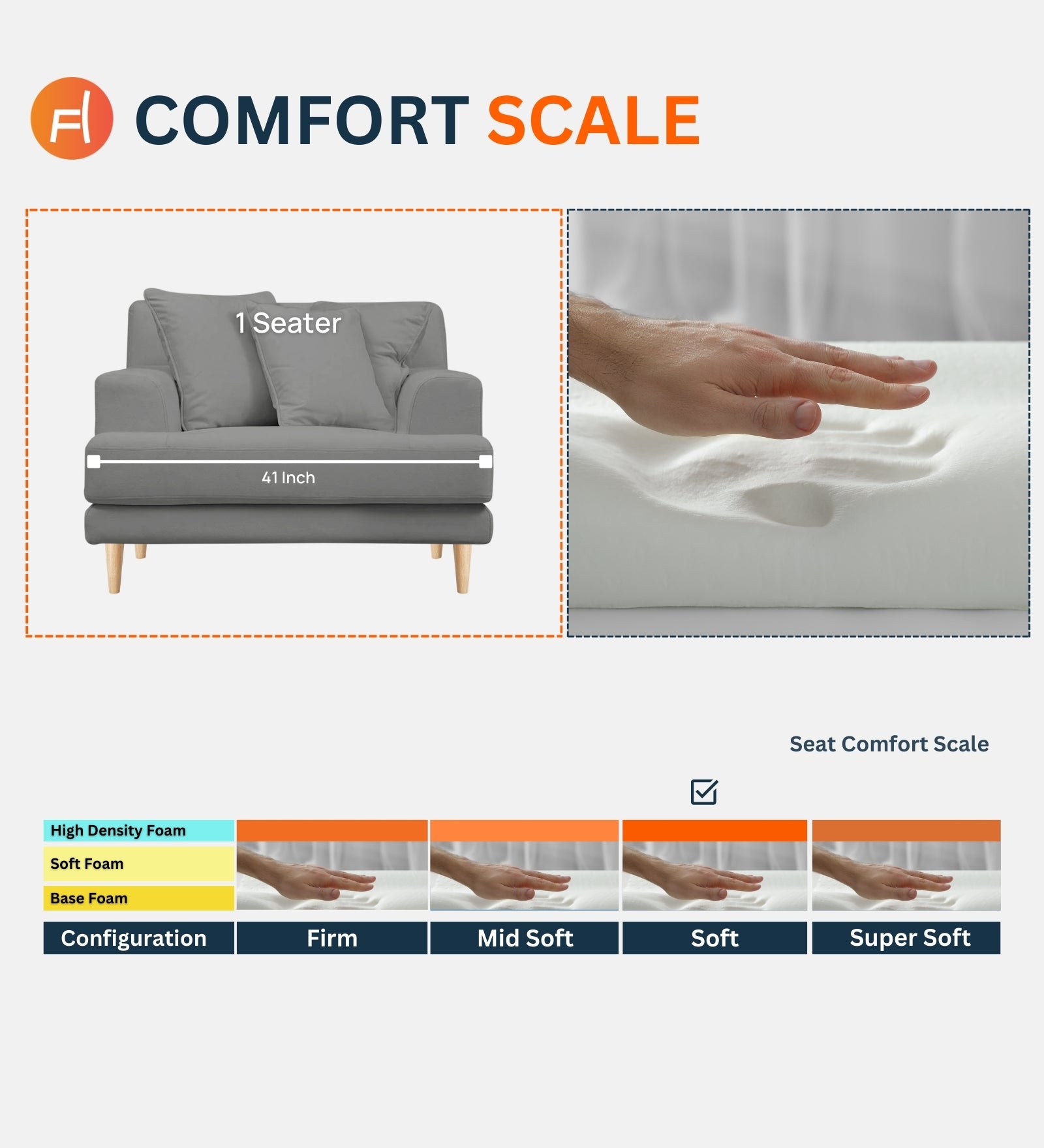 Woody Fabric 1 Seater Sofa in Pure Grey Colour