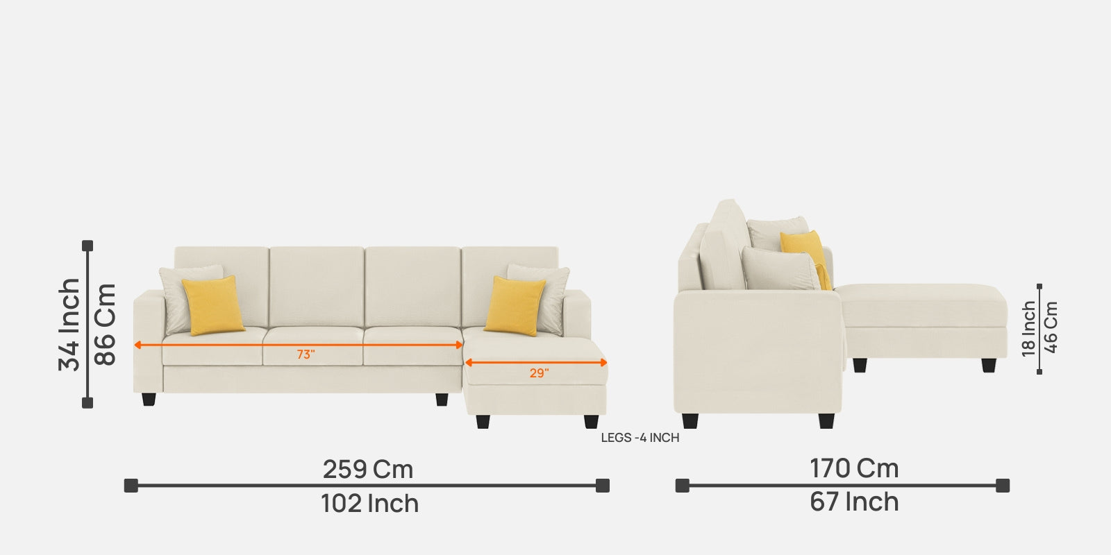Nabi Fabric LHS Sectional Sofa (3+Lounger) In Ivory cream Colour - Febonic Living