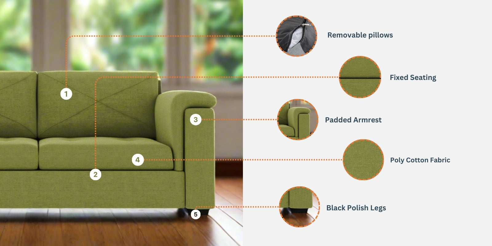 Andres Fabric 3 Seater Sofa In Lime Green Colour - Febonic Living