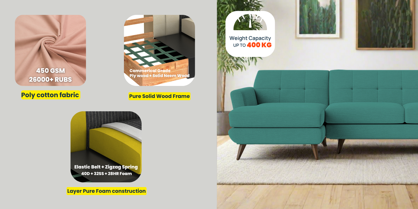 Jasmin Fabric RHS Sectional Sofa (3+ Lounger) In Sea Green Colour - Febonic Living