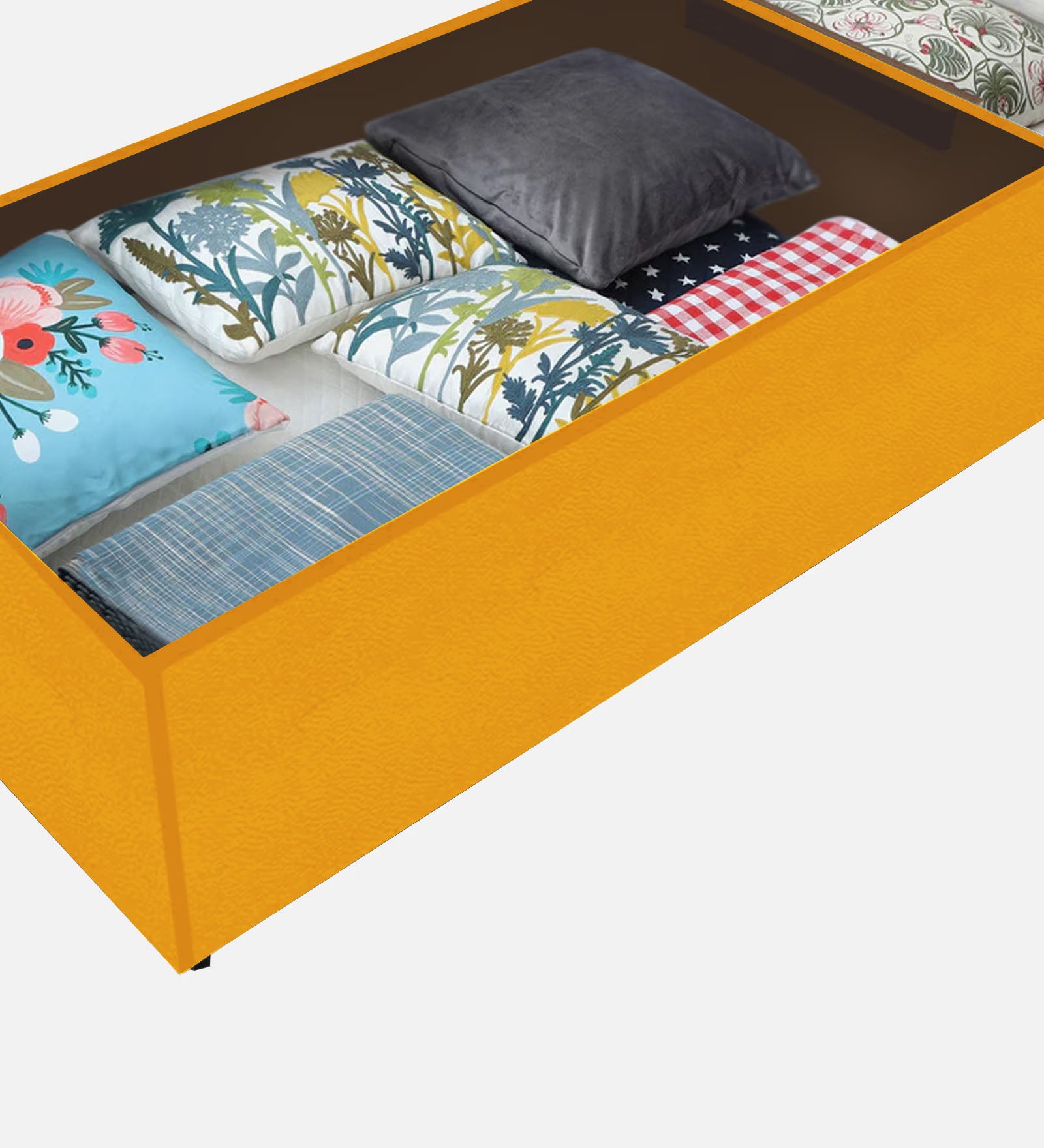 Lido Fabric King Size Bed In Bold Yellow Colour With Drawer Storage - Febonic Living