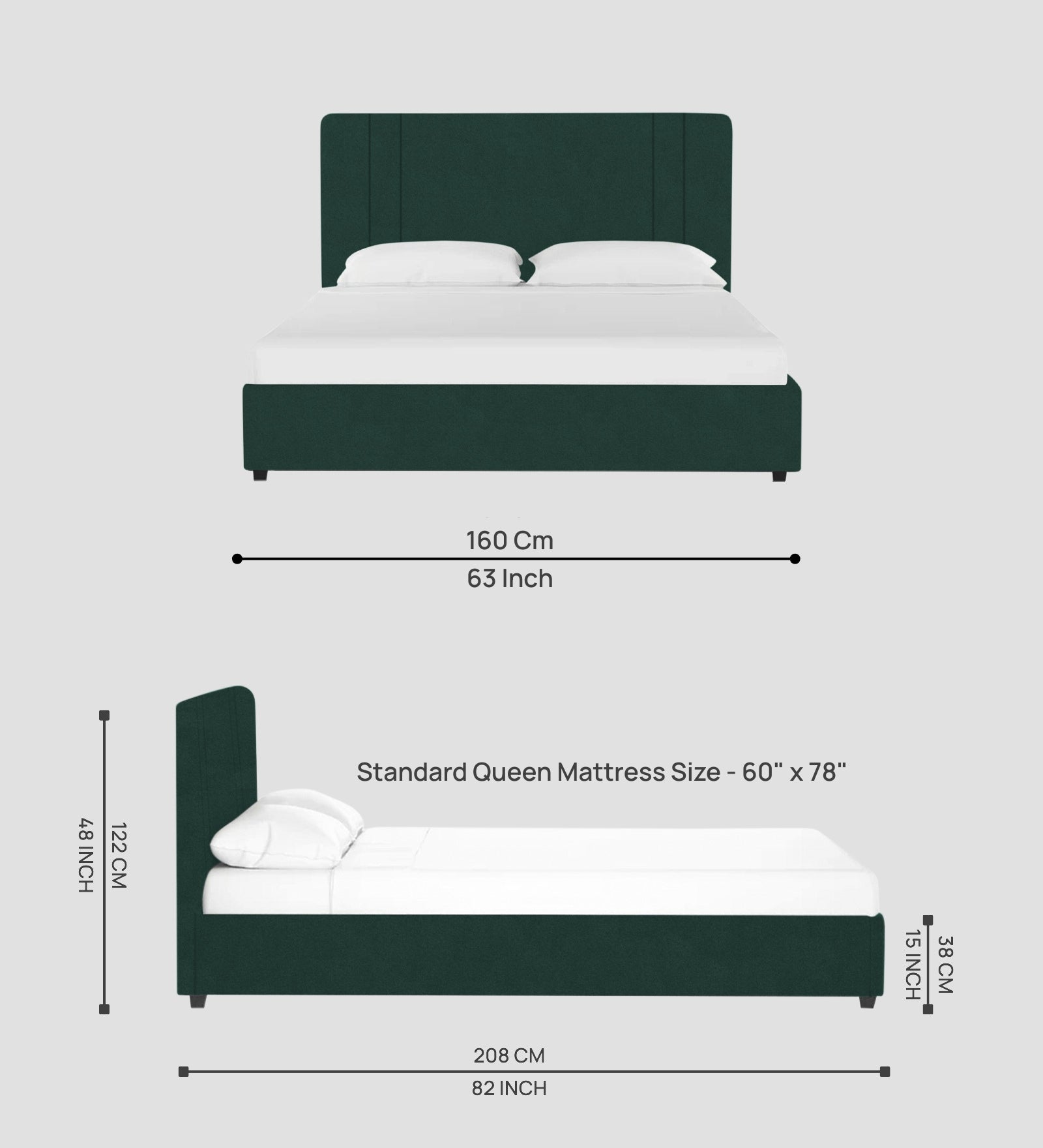 Asyra Velvet Queen Size Bed in Forest Green Colour With Box Storage - Febonic Living