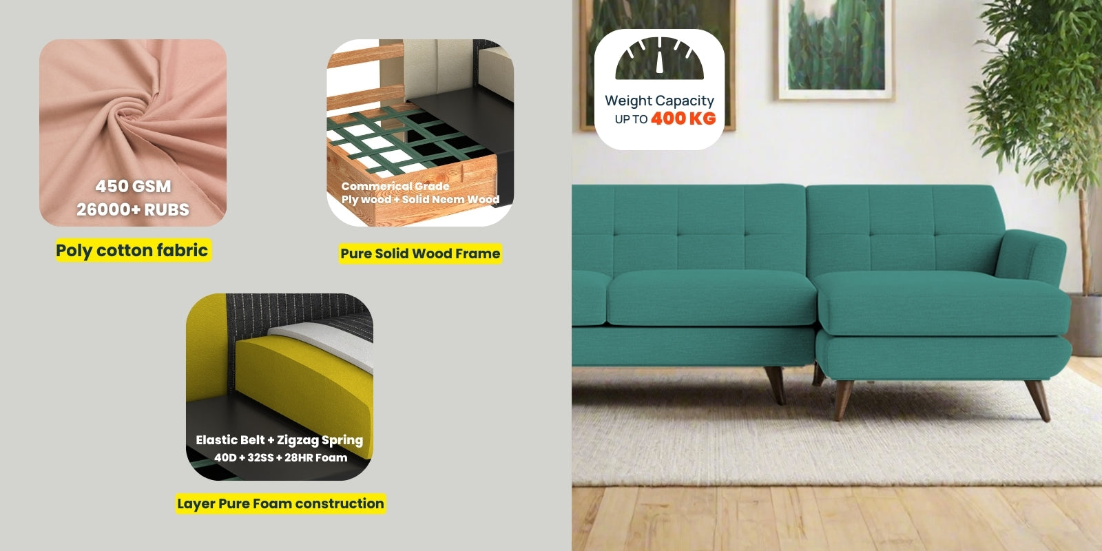 Jasmin Fabric LHS Sectional Sofa (3+ Lounger) In Sea Green Colour - Febonic Living