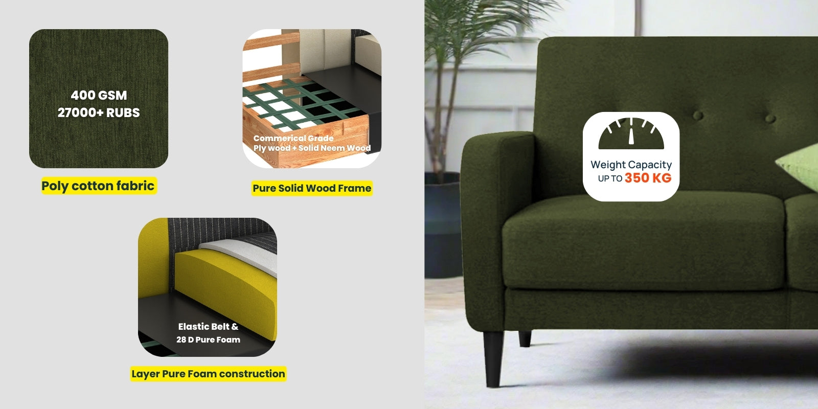 Marq Fabric 3 Seater Sofa In Olive Green Colour - Febonic Living