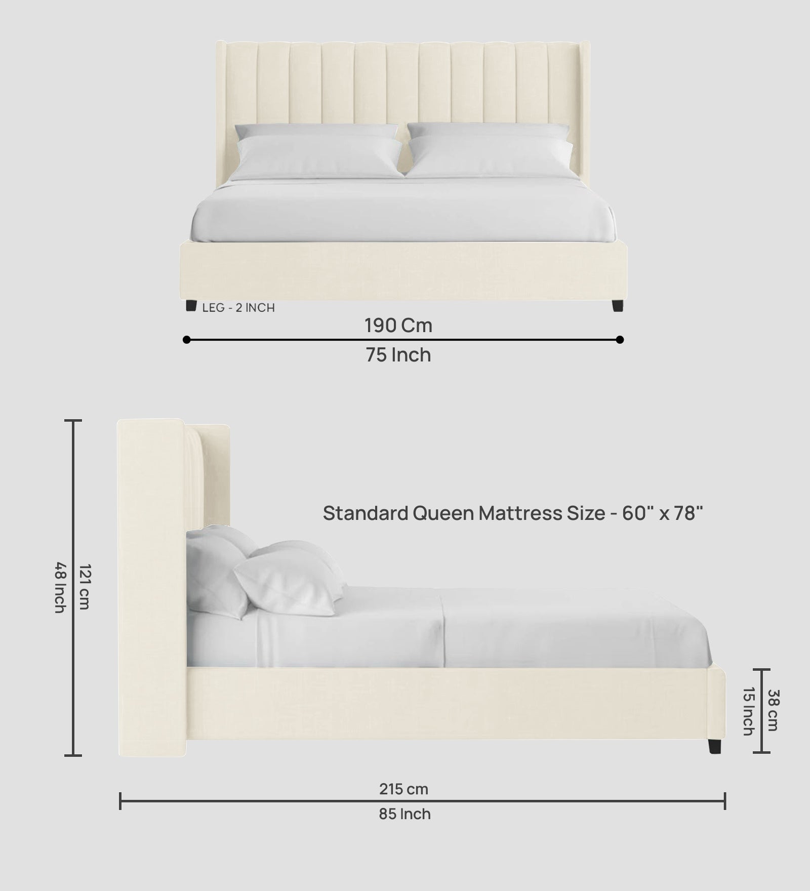 Colina Fabric Queen Size Bed In Ivory Cream Colour With Box Storage - Febonic Living