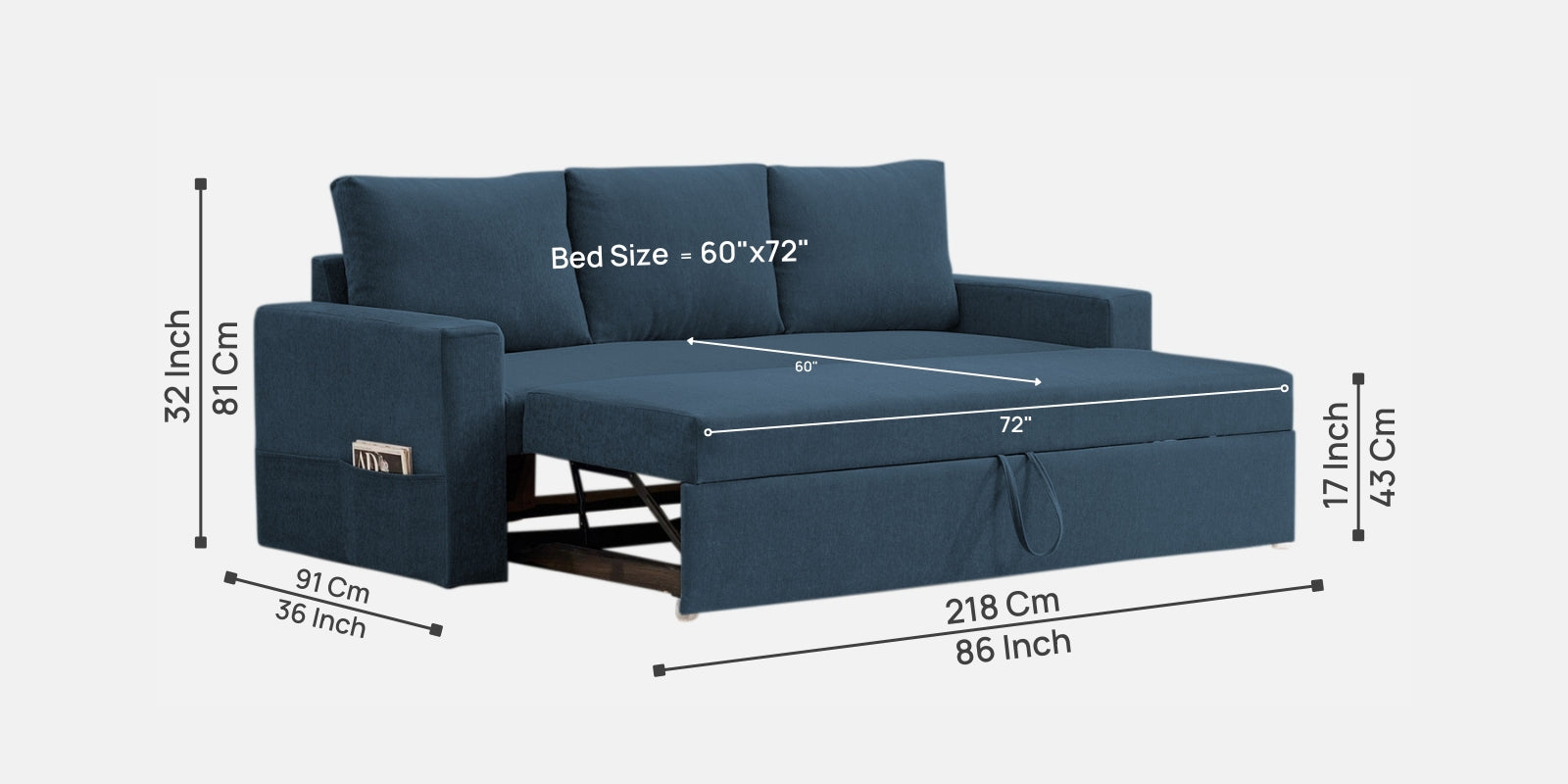 Kara Fabric 3 Seater Pull Out Sofa Cum Bed In Light Blue Colour - Febonic Living