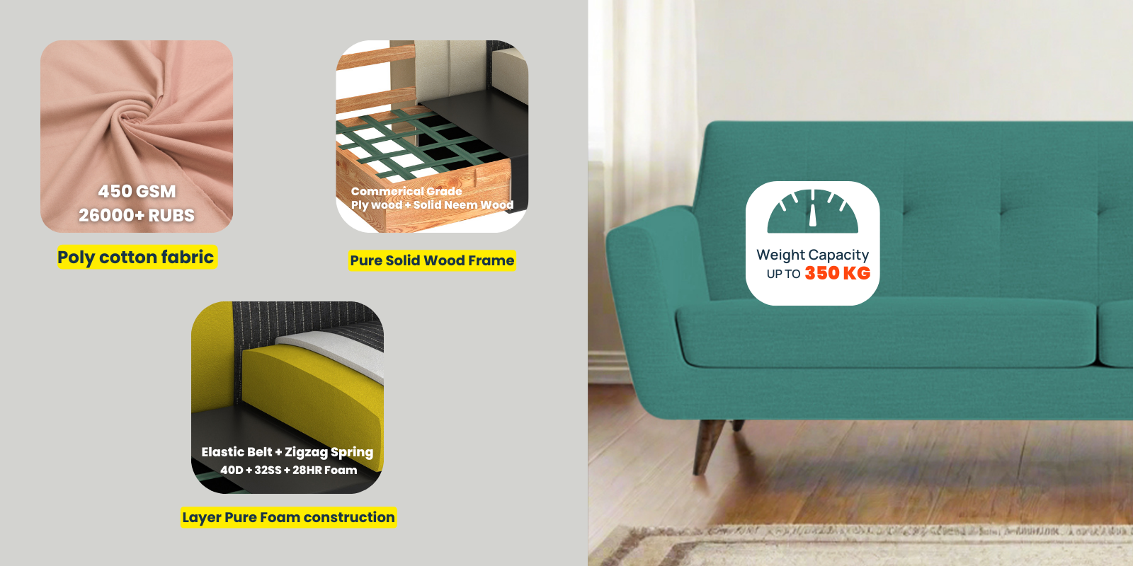 Jasmin Fabric 3 Seater Sofa In Sea Green Colour - Febonic Living